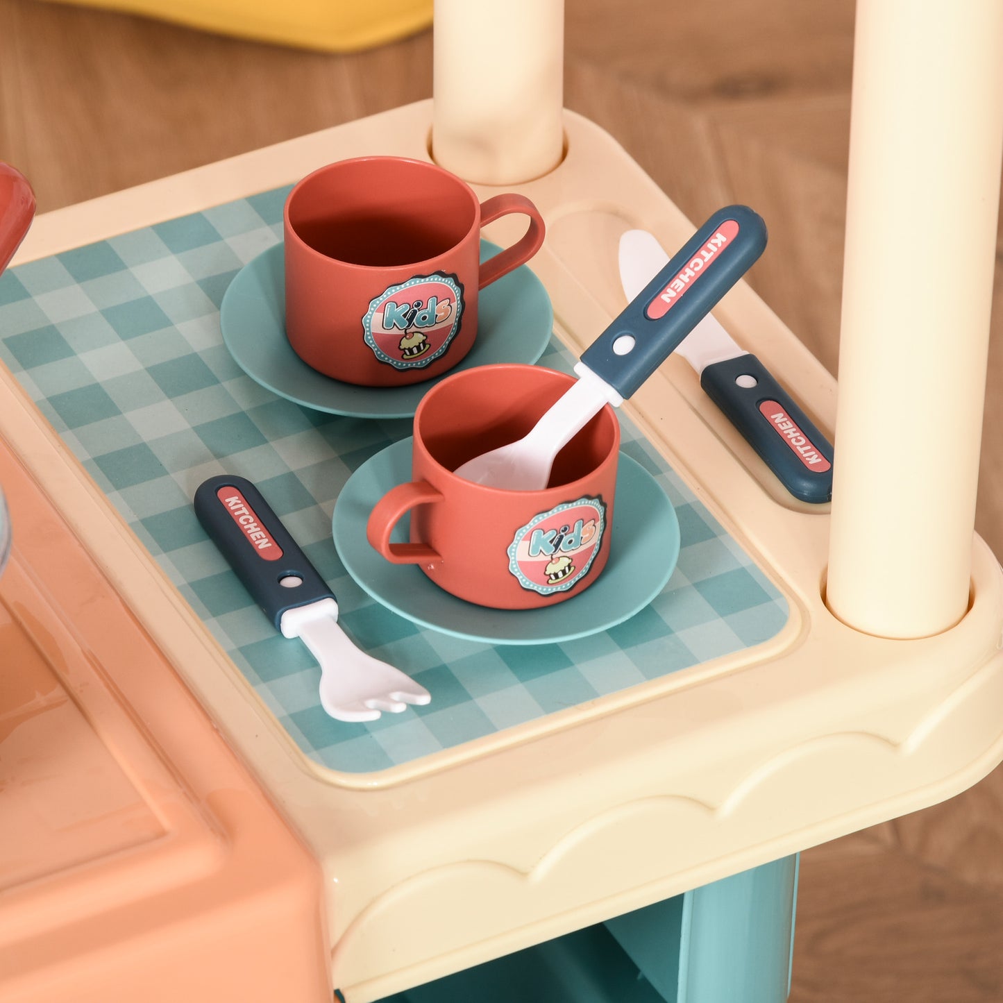 HOMCOM Kids Food Cart Pretend Playset Kitchen Supermarket Trolley Set w/ Accessories