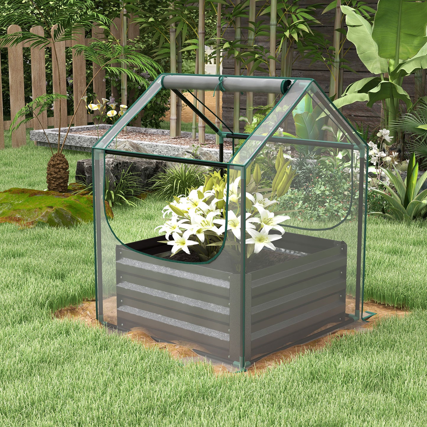 Outsunny Metal Planter Box with Cover Raised Garden Bed with Greenhouse for Herbs and Vegetables Clear and Dark Grey