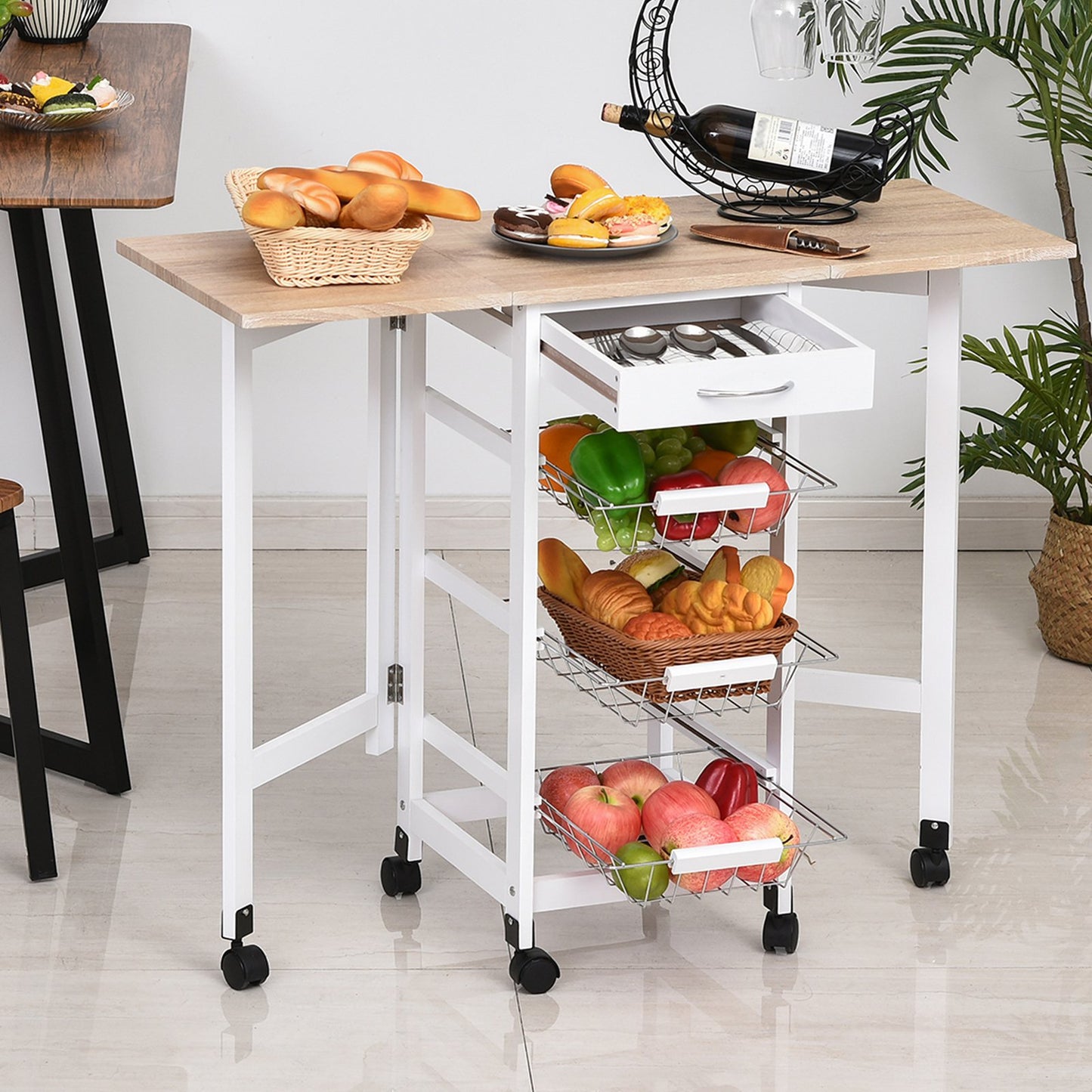 HOMCOM MDF Extendable Kitchen Island Trolley White