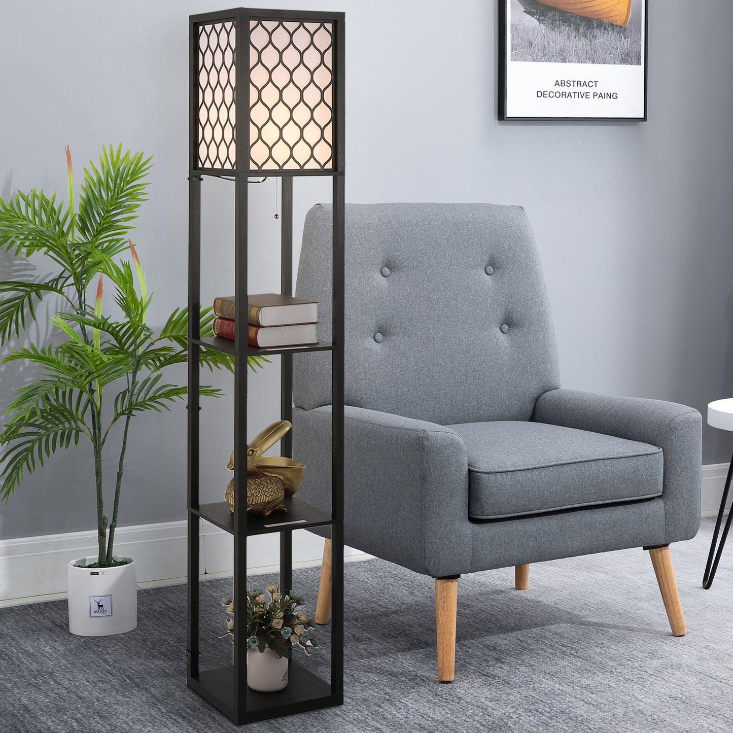 HOMCOM Shelf Floor Lamp Standing Lamp W/4-tier Wooden Open Shelves,26L x 26W x 160Hcm-Black/White