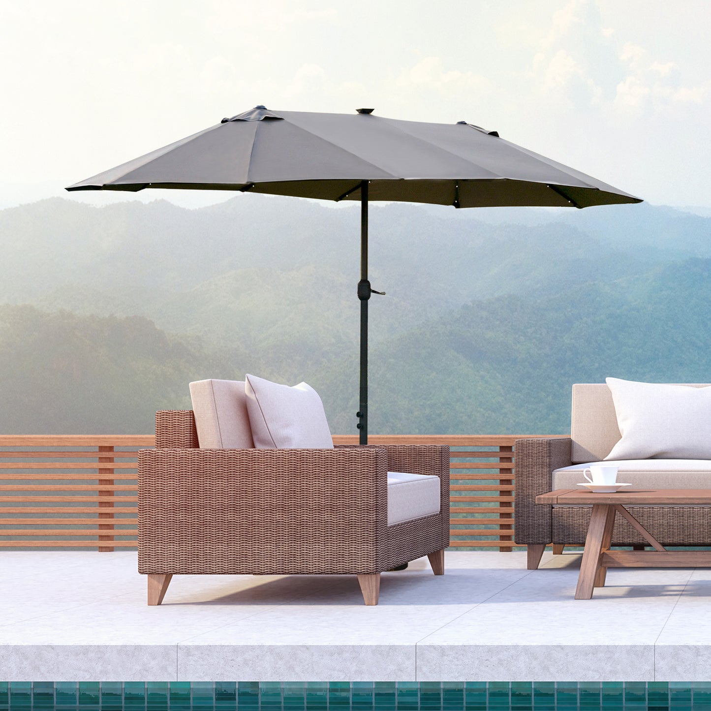 Outsunny 4.4m Double-Sided Sun Umbrella Patio Parasol LED Solar Lights Dark Grey