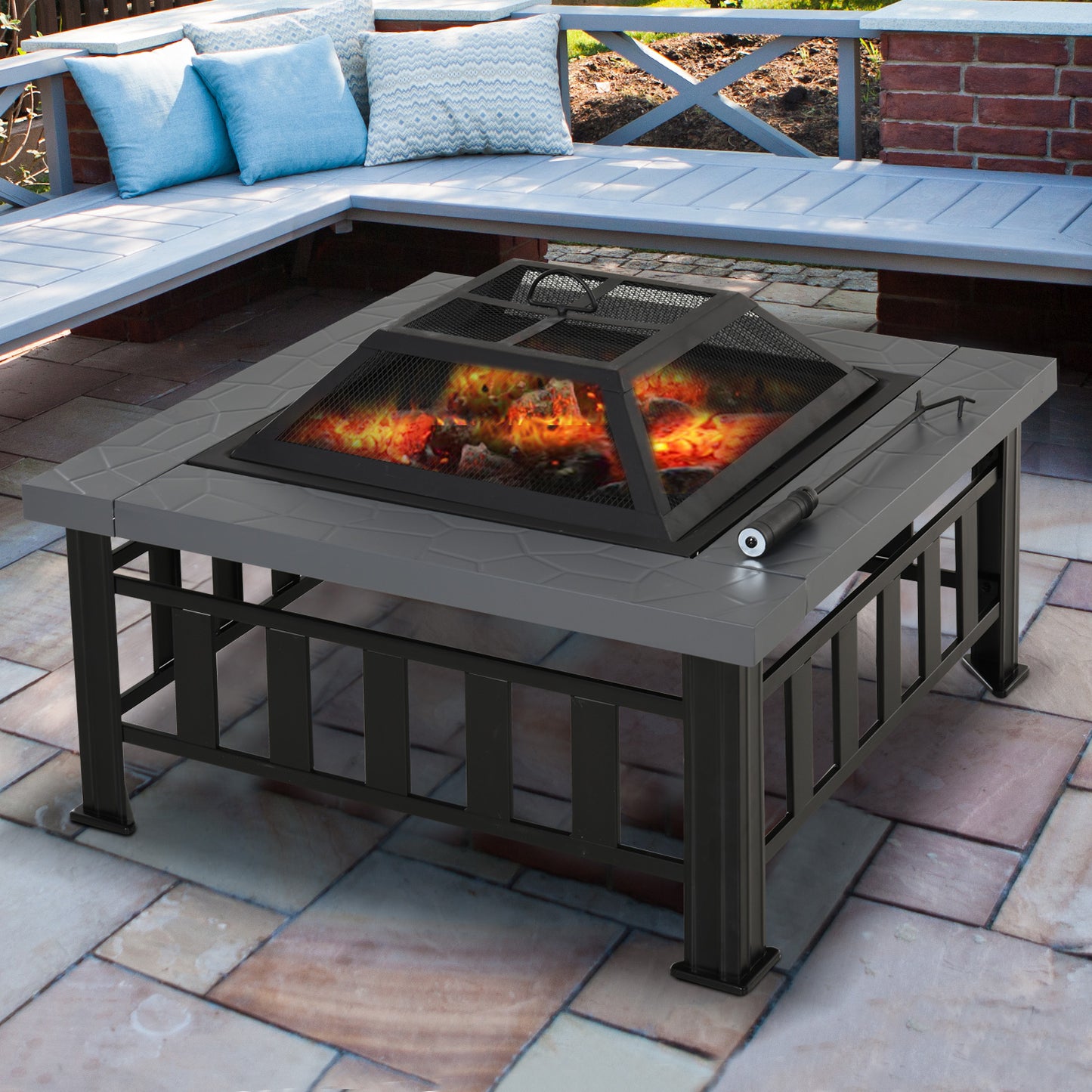 Outsunny Square Metal Fire Pit With Waterproof Cover-Black/Grey