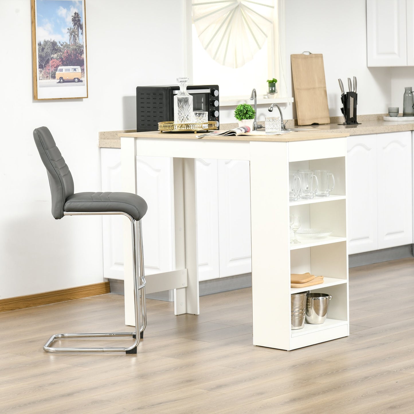 HOMCOM Bar Table Coffee Table Kitchen Dining Table with 4-Tier Storage Shelf Natural