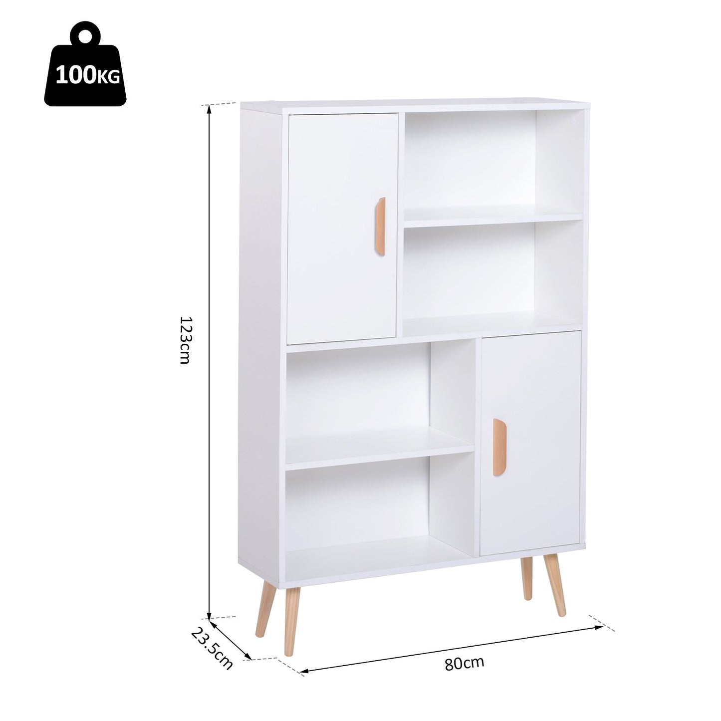 HOMCOM Free Standing Bookcase Shelves W/ Two Doors, 80L x 23.5W x 123Hcm-White
