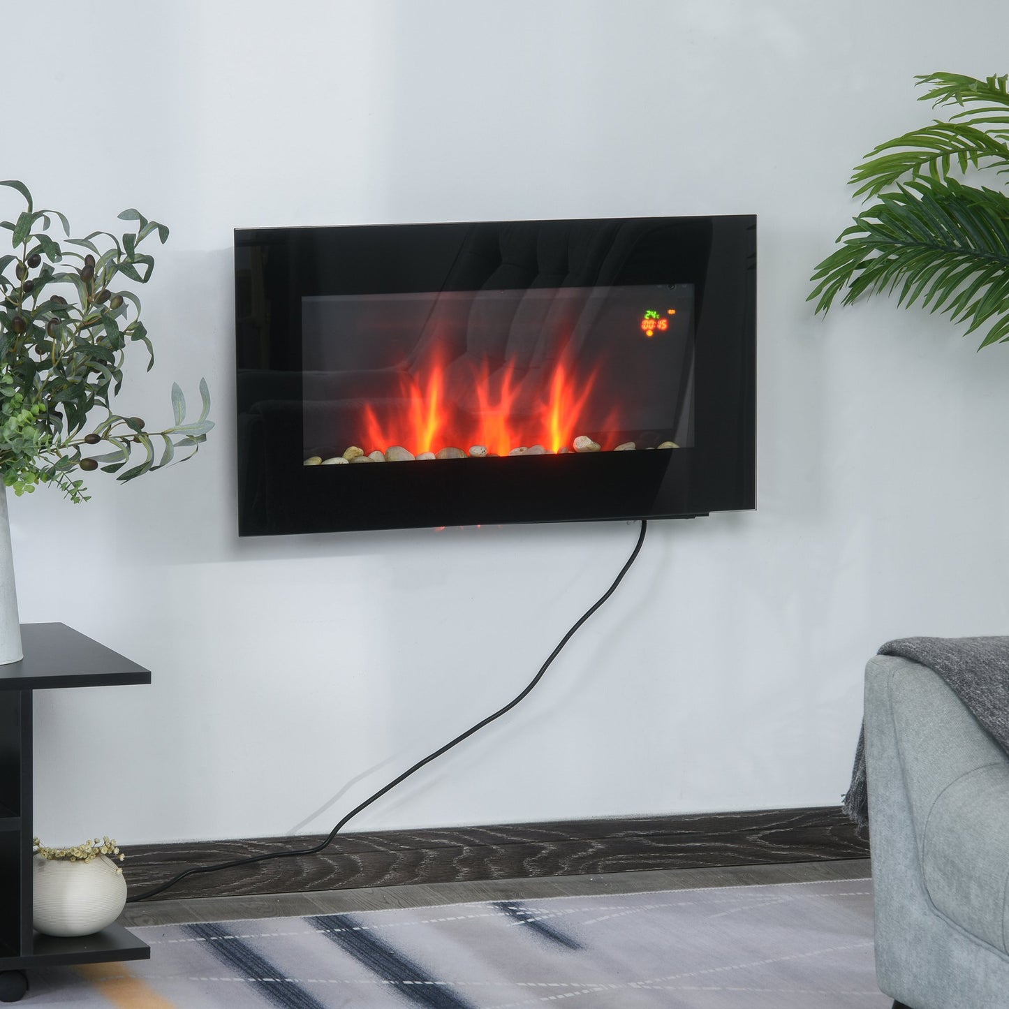 HOMCOM 1000W Wall Mounted Tempered Glass Electric Fireplace Heater Black