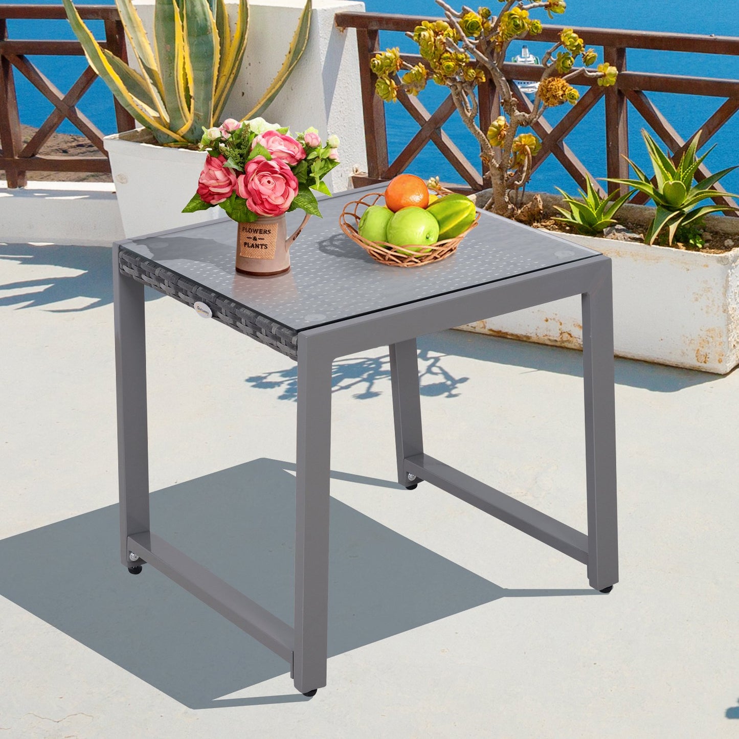 Outsunny Patio Rattan Side Table, 50L x 49.5W x 50Hcm-Grey