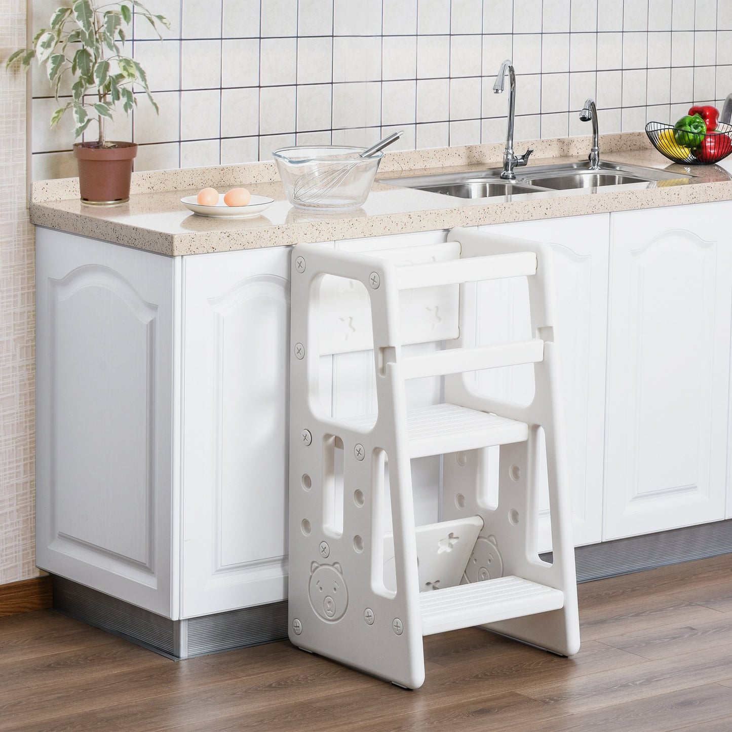 HOMCOM Kids Step Stool Adjustable Standing Platform Toddler Kitchen Stool, White