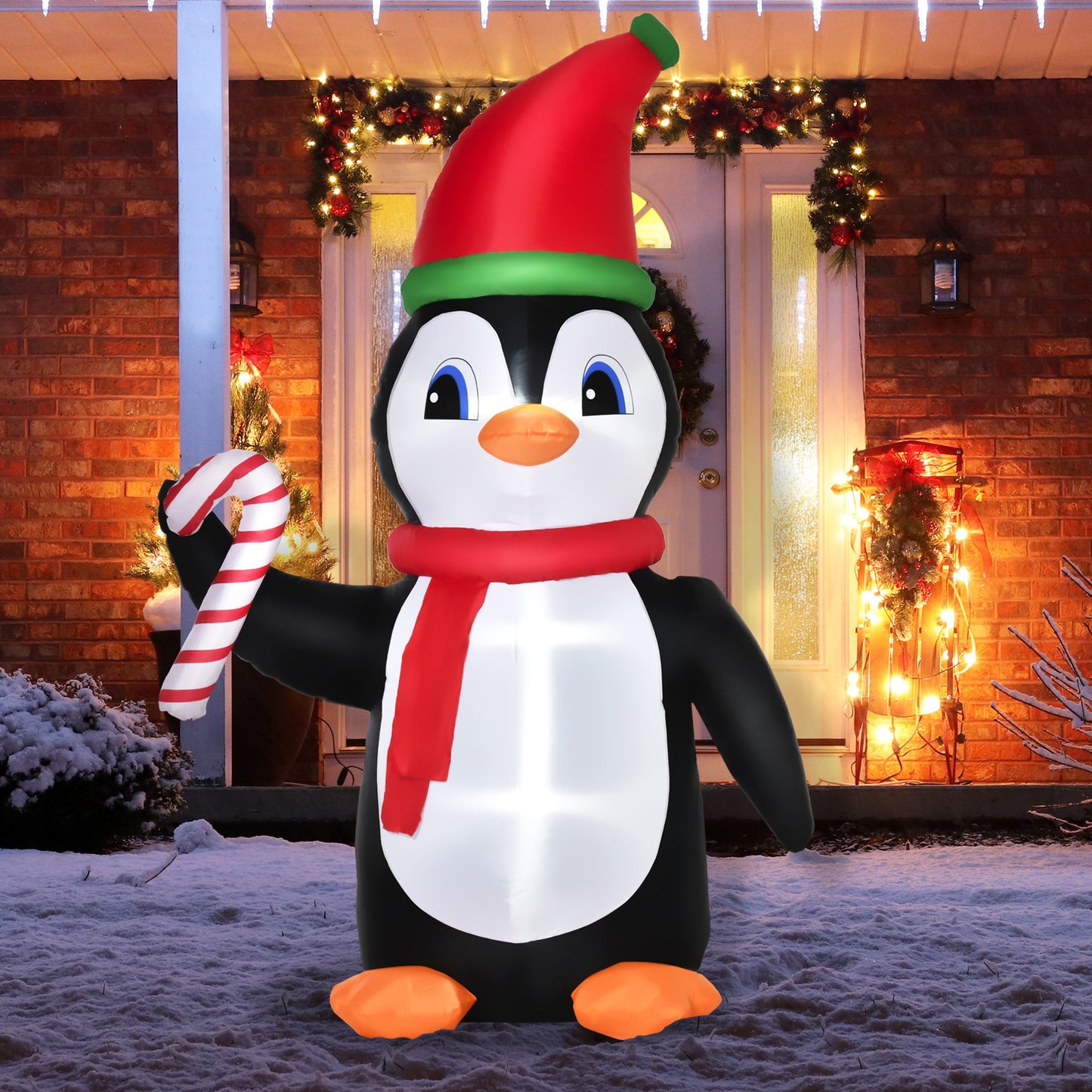 HOMCOM 2.5m Inflatable Christmas Penguin Holding Candy Cane Built-in LED for Party