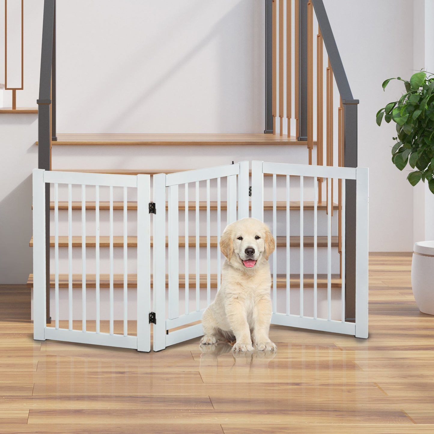 PawHut MDF Freestanding Expandable Dog Gate Wood Doorway Pet Barrier Fence w/ Latched Door White