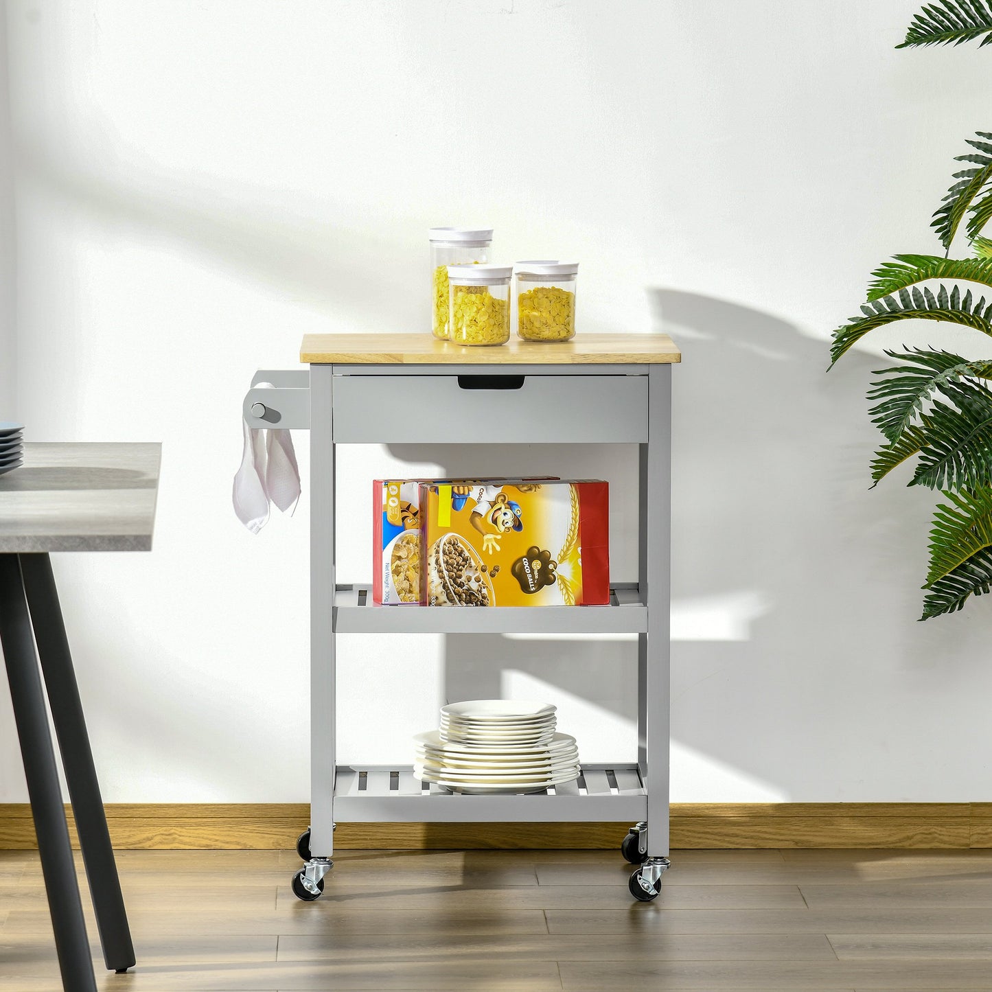 HOMCOM Kitchen Trolley Utility Cart on Wheels with Rubberwood Worktop, Towel Rack, Drawer