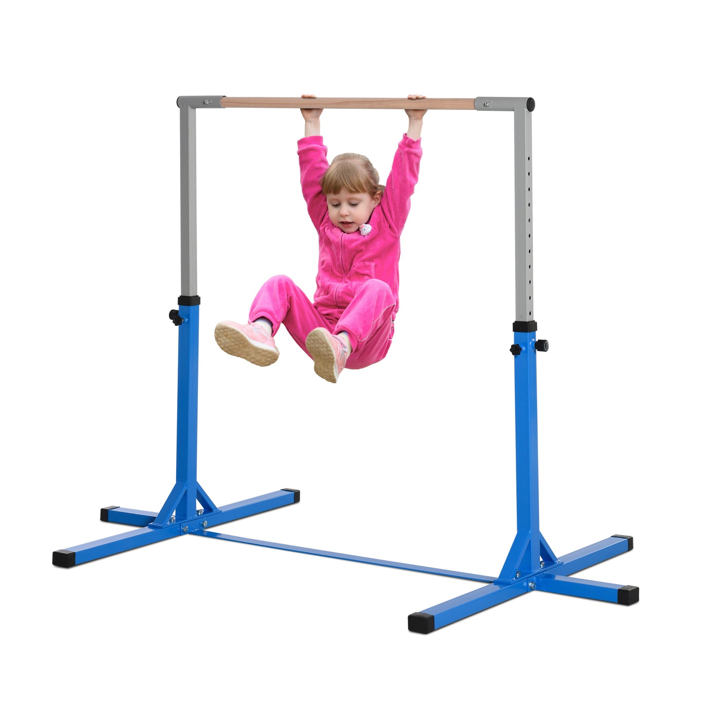 HOMCOM Adjustable Kids Gymnastics Bar Horizontal Training w/ Steel Frame Wood Bar Blue