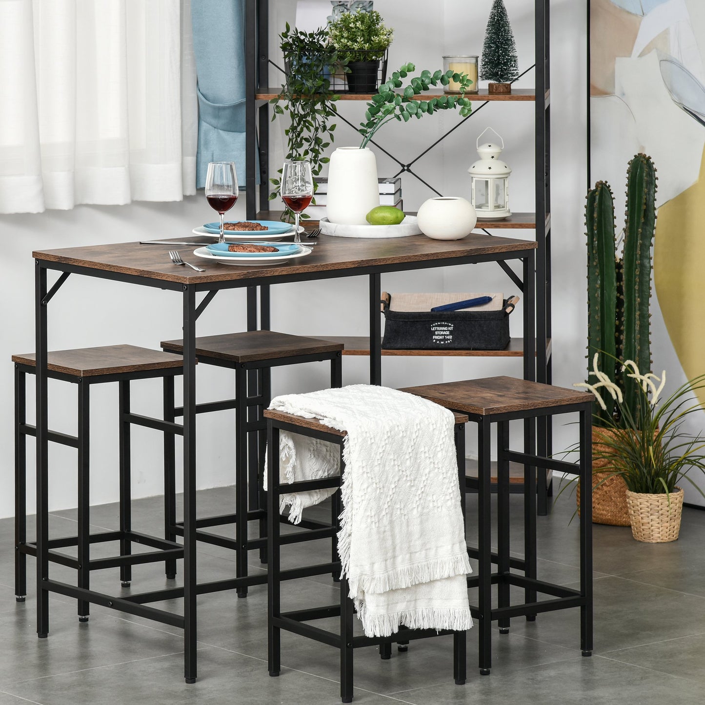 HOMCOM MDF Industrial 5-Piece Dining Set Dining Table with 4 Stools Black/Brown