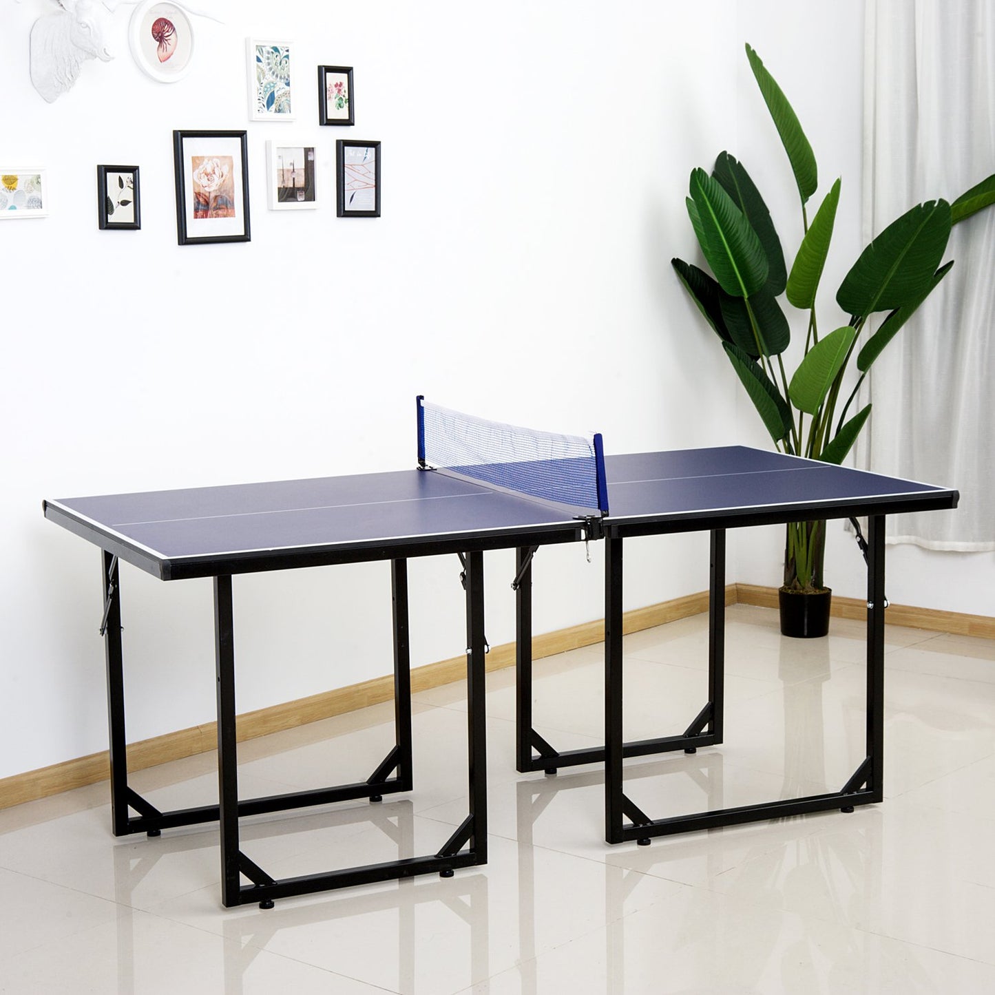 HOMCOM Folding Mini Table Tennis Table Ping Pong Table Set-Black/Blue