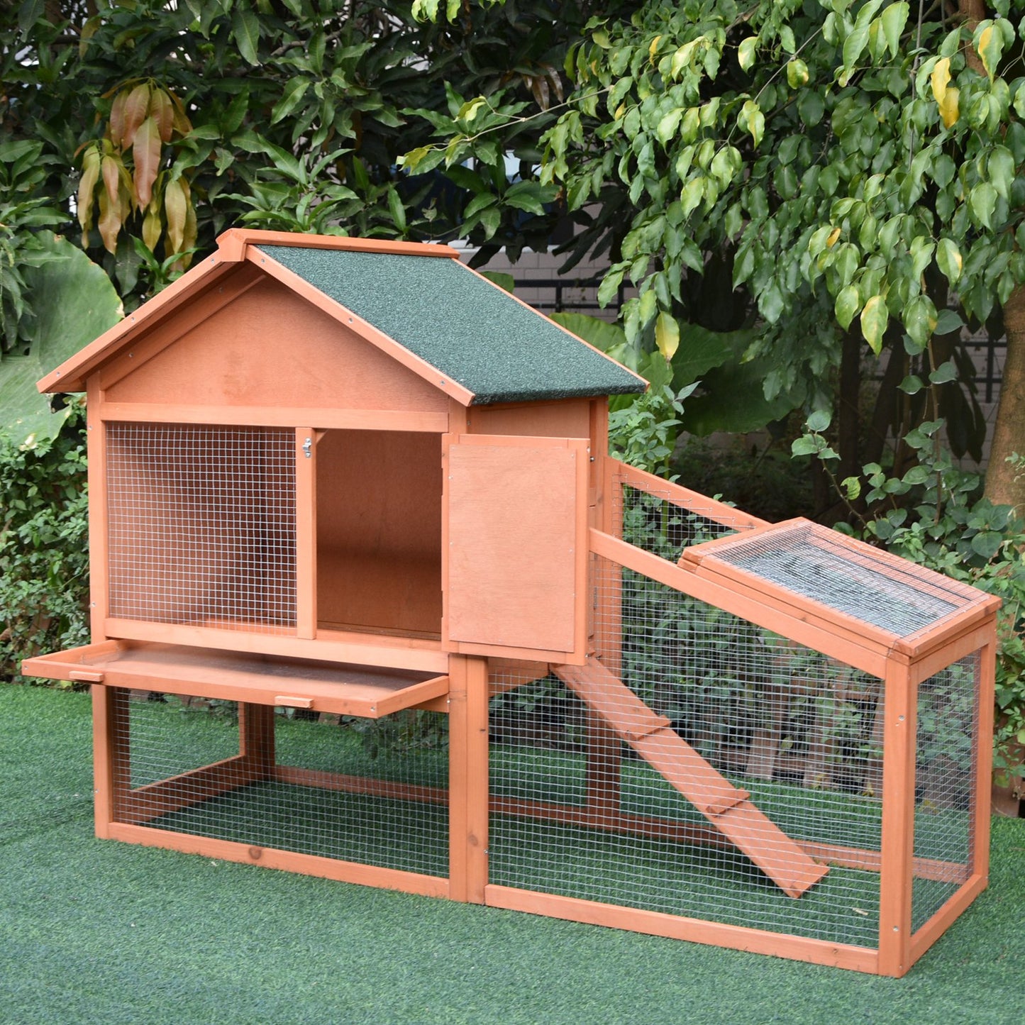 PawHut Small Animal Two-Level Fir Wood Hutch w/ Slide Out Tray Red/Brown