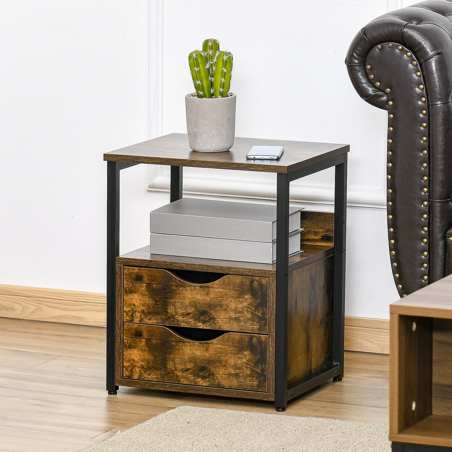 HOMCOM End Table Bedroom Side Stand Accent Table w/ Shelf & Drawer Rustic Brown