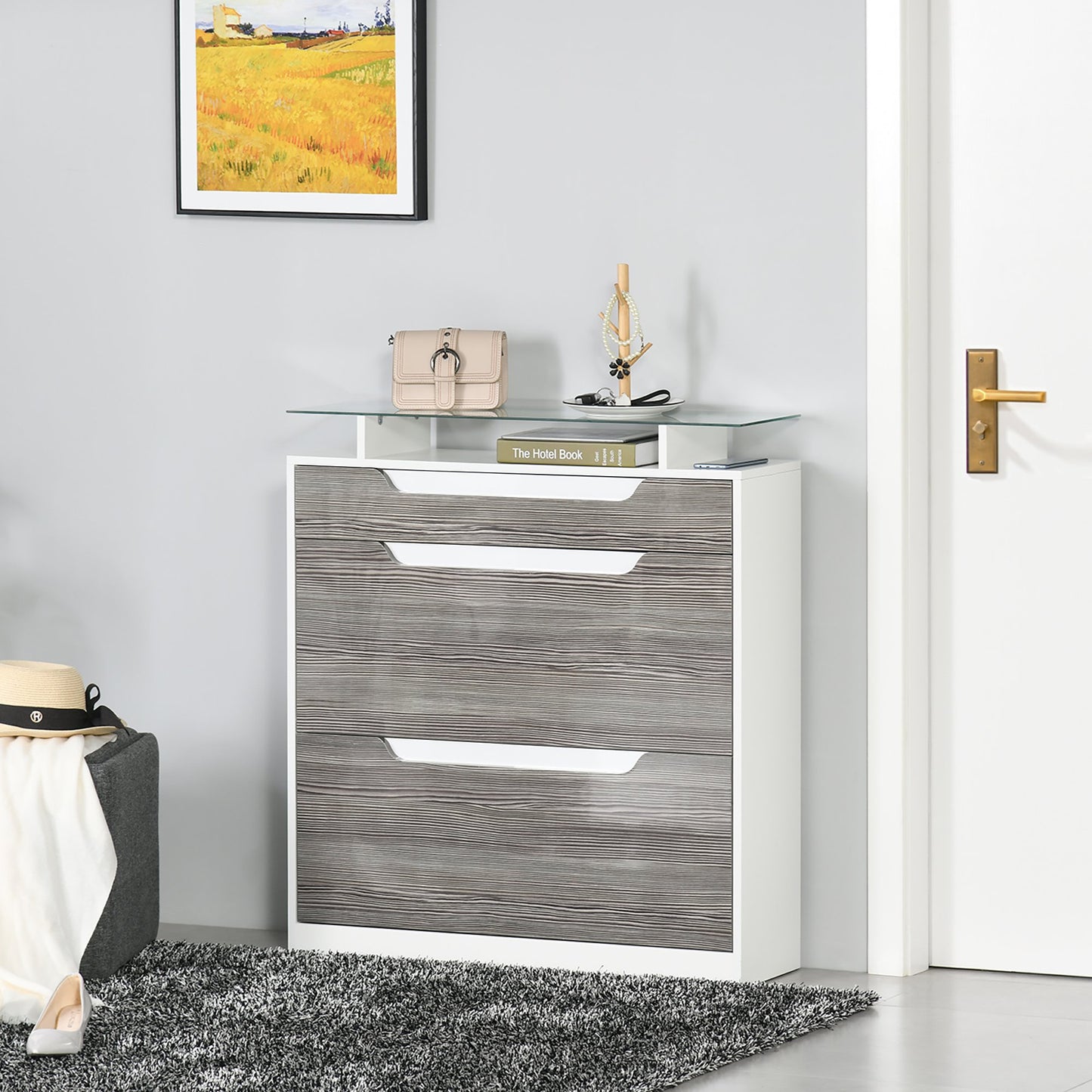 HOMCOM Shoe Cabinet with 3 Drawers Storage Cupboard w/ Flip Door Glass Top Grey