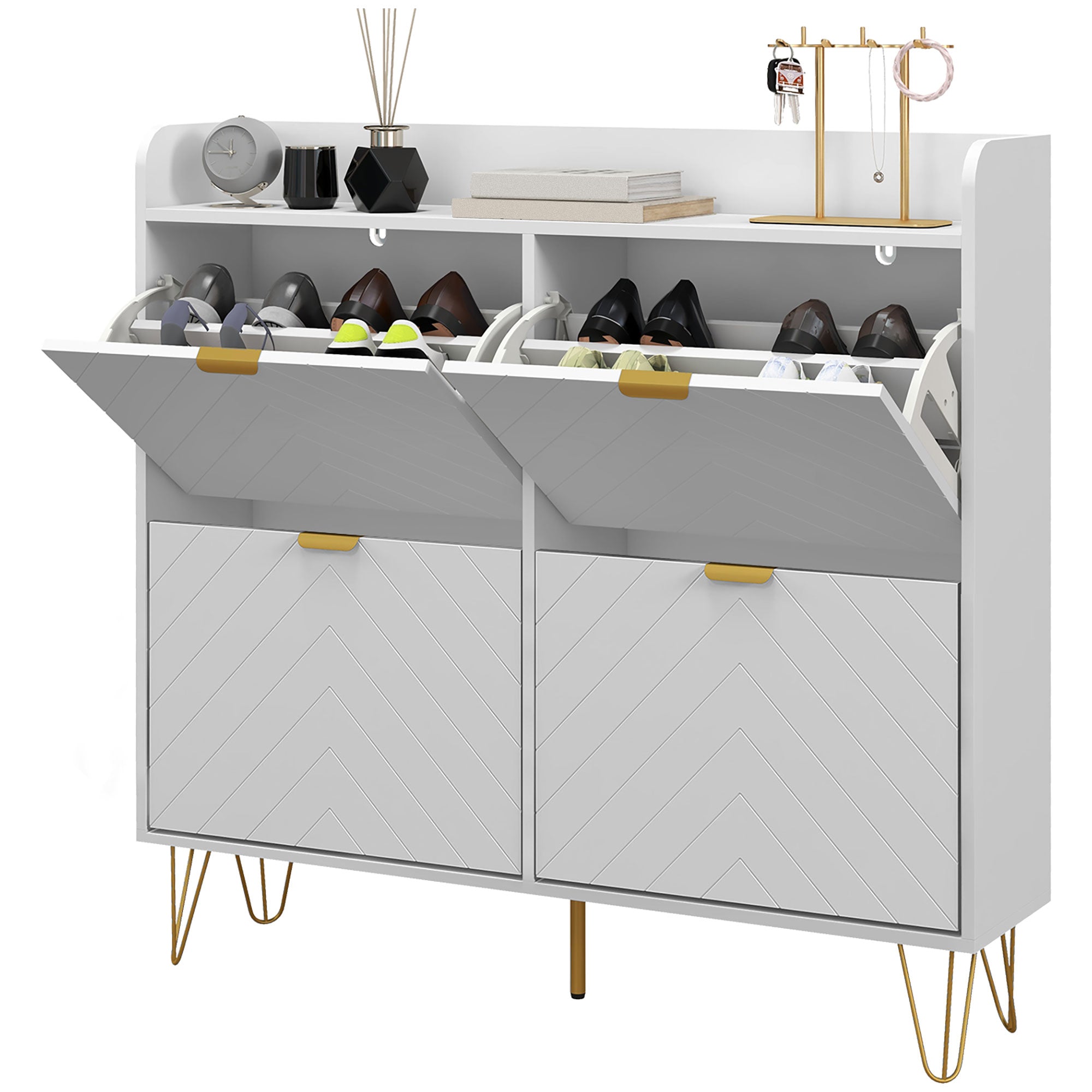 HOMCOM Narrow Shoe Storage Cabinet, Slim Shoe Cupboard with 4 Flip Dra ...