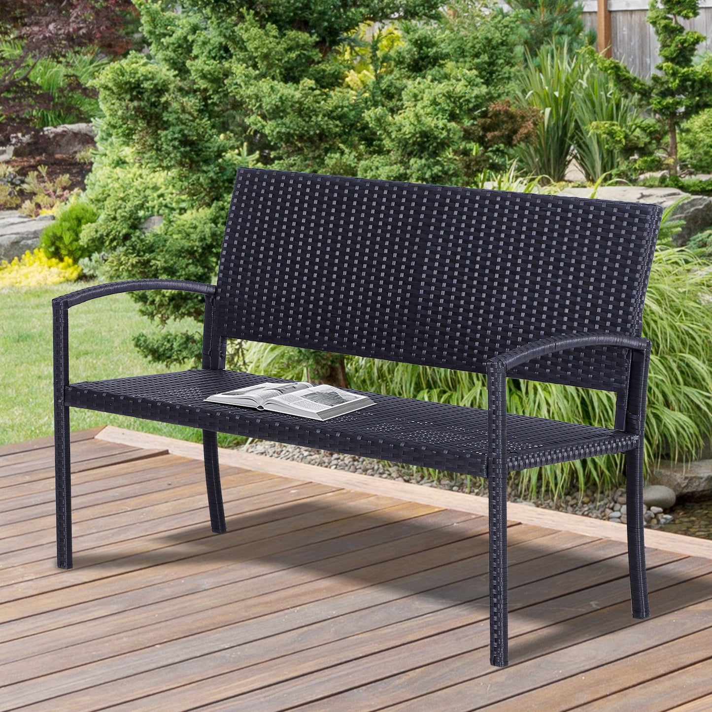 Outsunny Rattan Chair 2-Seater Loveseat-Black