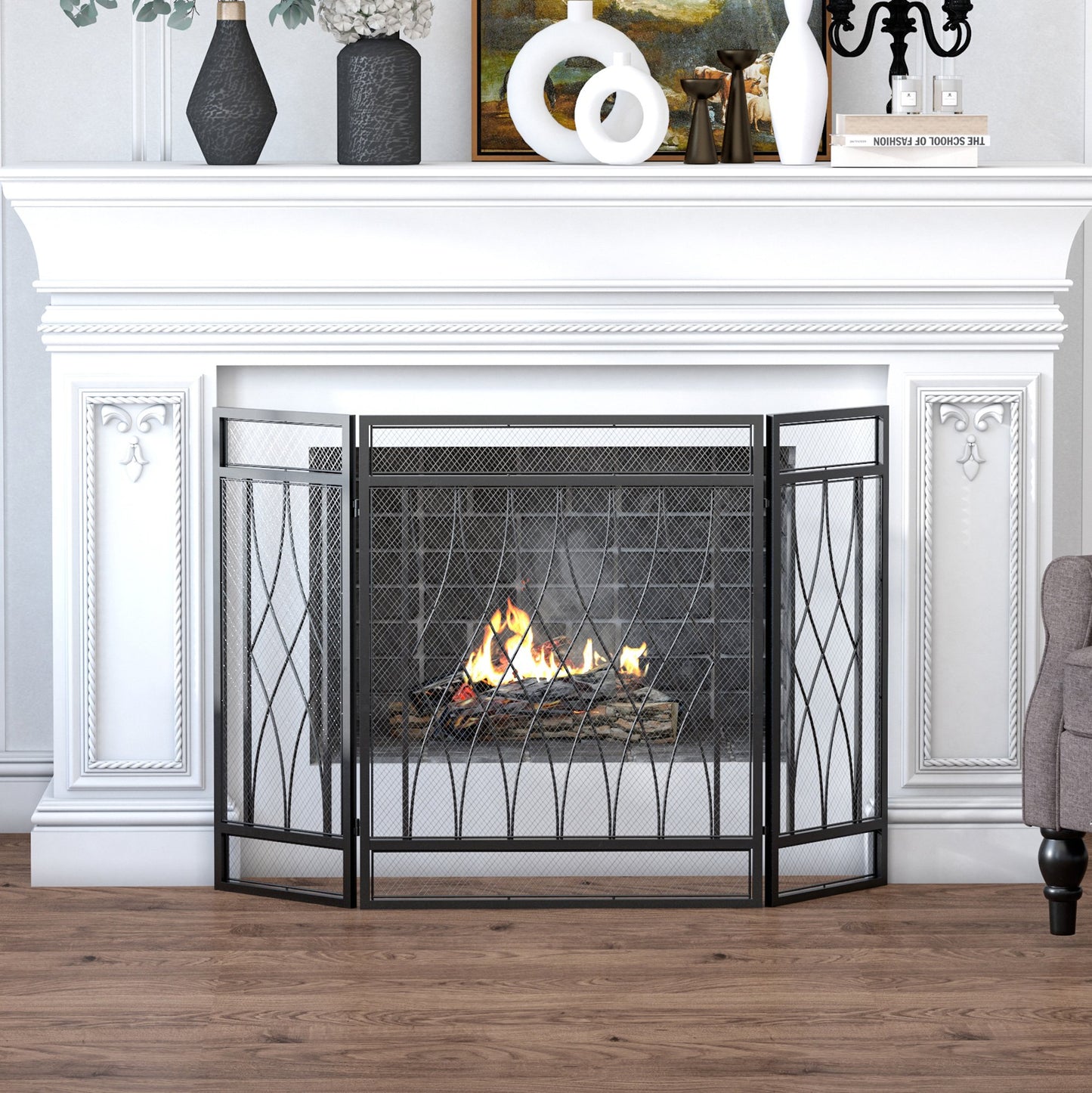 HOMCOM 3-Panel Folding Fireplace Screen, Home Metal Mesh Fire Spark Guard, 126L x 3W x 80H cm-Black