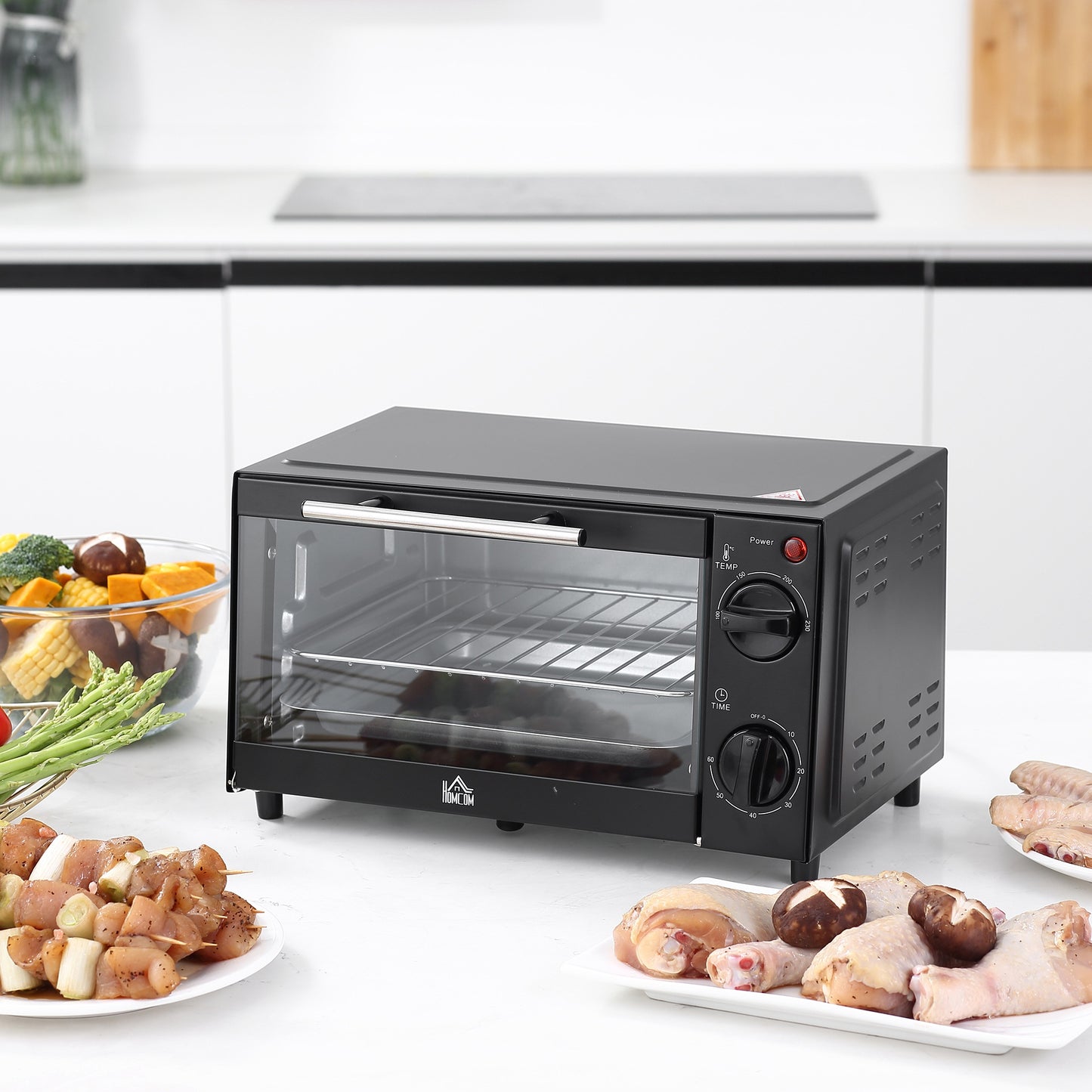 HOMCOM Convection Mini Oven, 9L Countertop Electric Grill, Toaster Oven with Adjustable Temperature, Timer, Baking Tray and Wire Rack, 750W