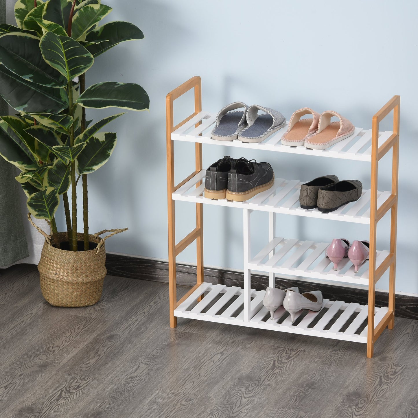 HOMCOM MDF 4-Tier Slatted Shoe Rack White/Oak