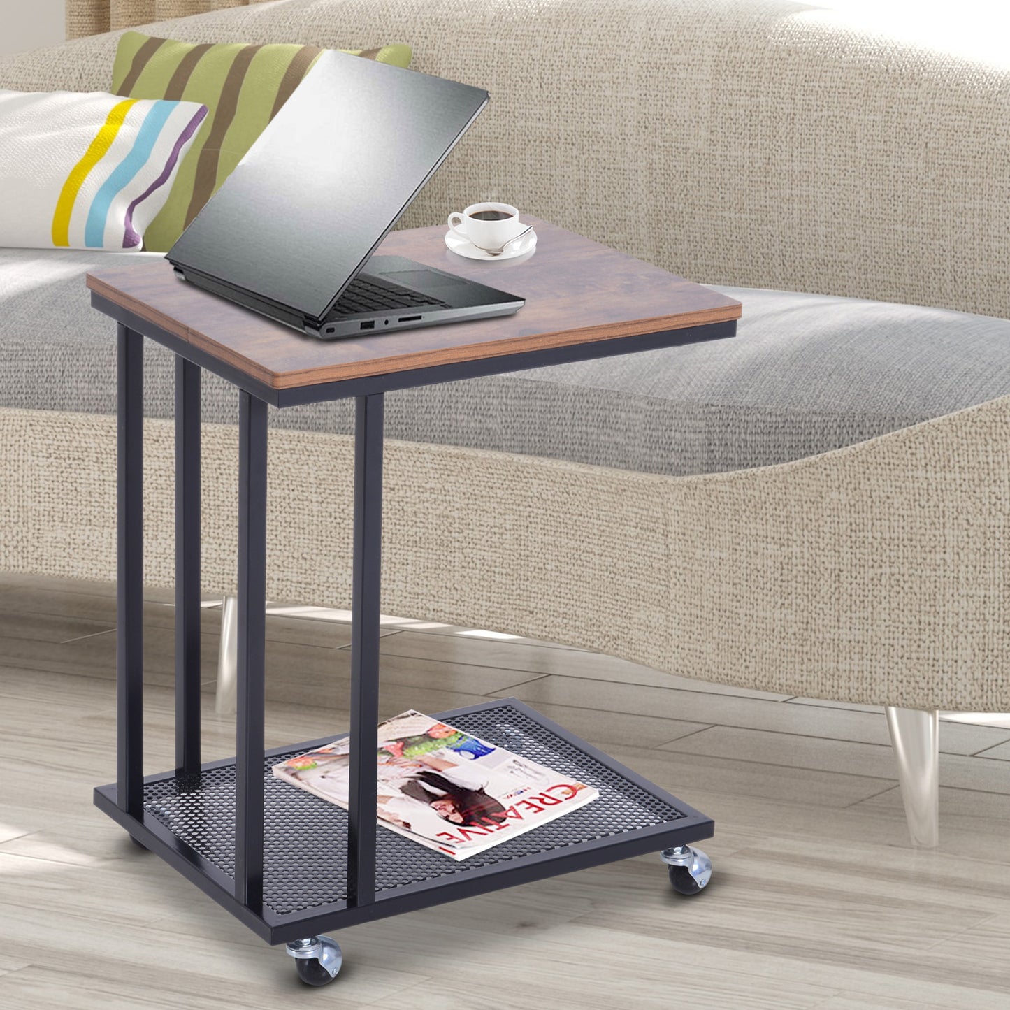 HOMCOM Side Coffee Table, 51Lx36Wx61H cm-Wood Grain/Black Colour