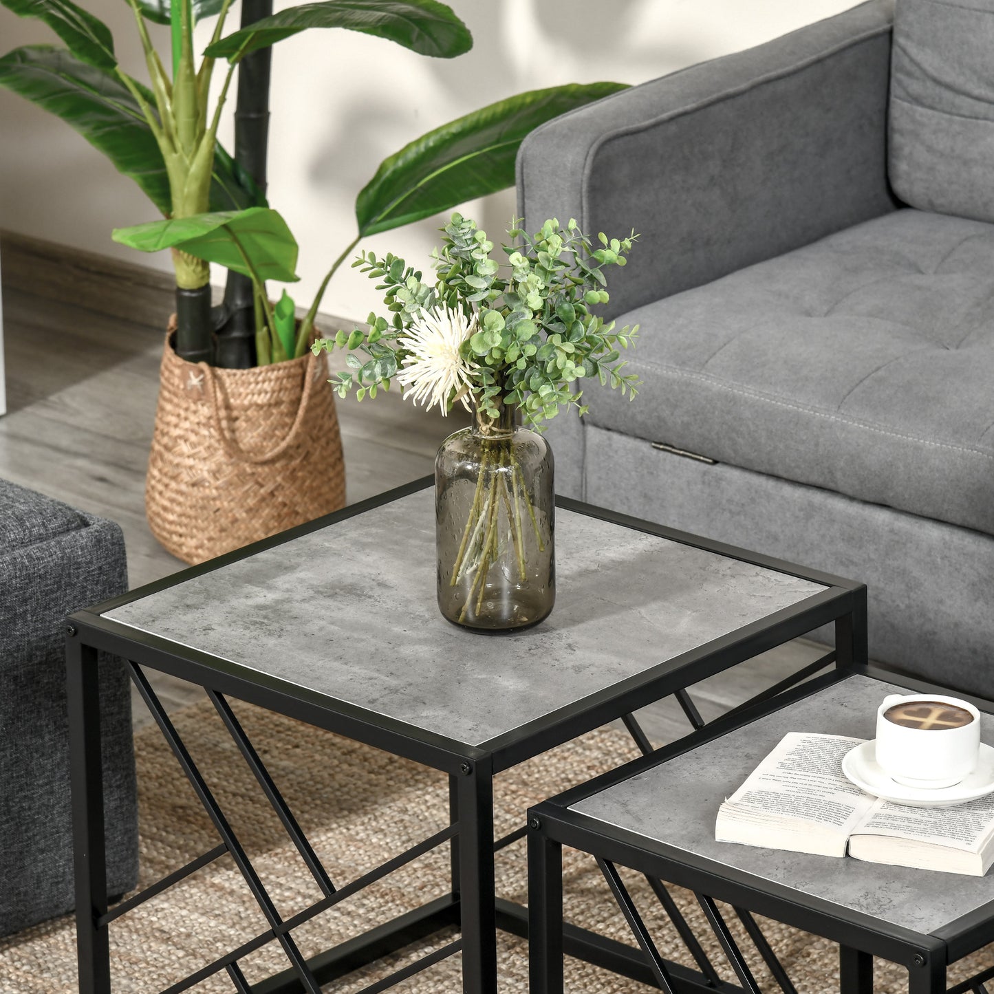HOMCOM Set of 3 Nest of Tables, Square Side Tables with Black Metal Frame, for Living Room, Bedroom and Office, Grey