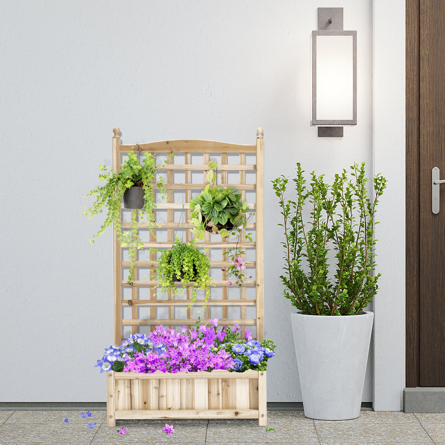 Outsunny Garden Planters with Trellis for Climbing Vines Wood Raised Beds for Garden Flower Pot Indoor Outdoor Natural