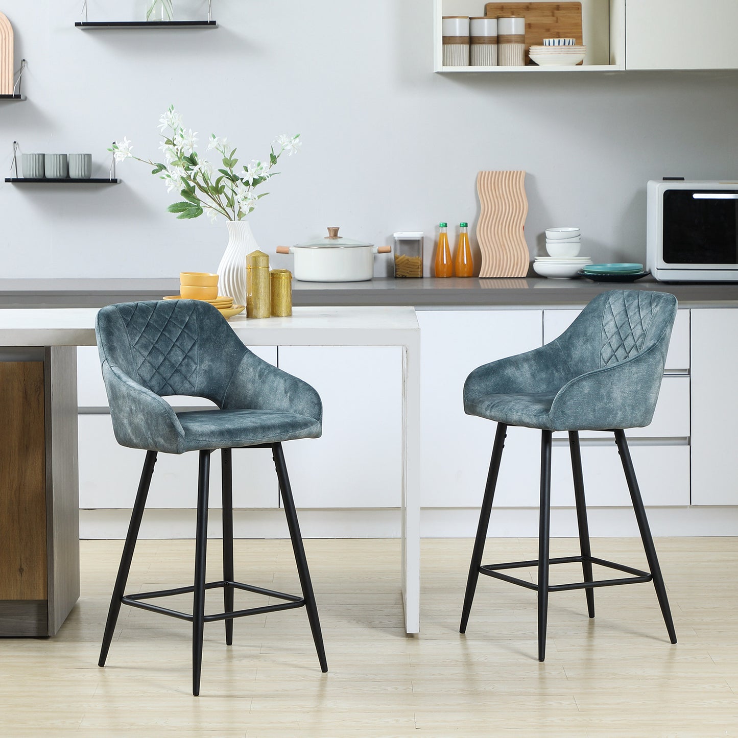 HOMCOM Bar Stools Set of 2, Velvet-Touch Fabric Counter Height Bar Chairs, Blue