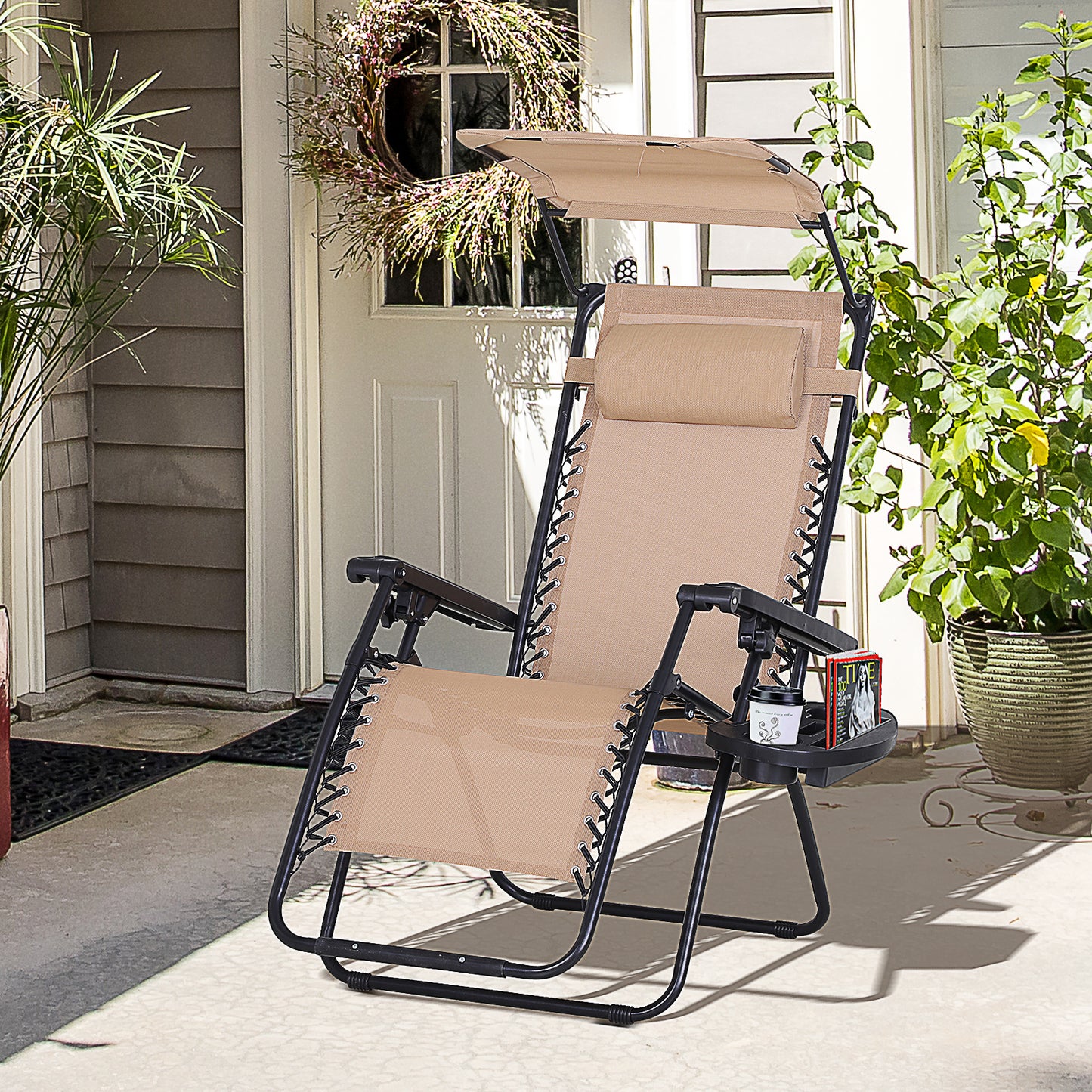 Outsunny Steel Frame Zero Gravity Outdoor Garden Deck Chair w/ Canopy Beige