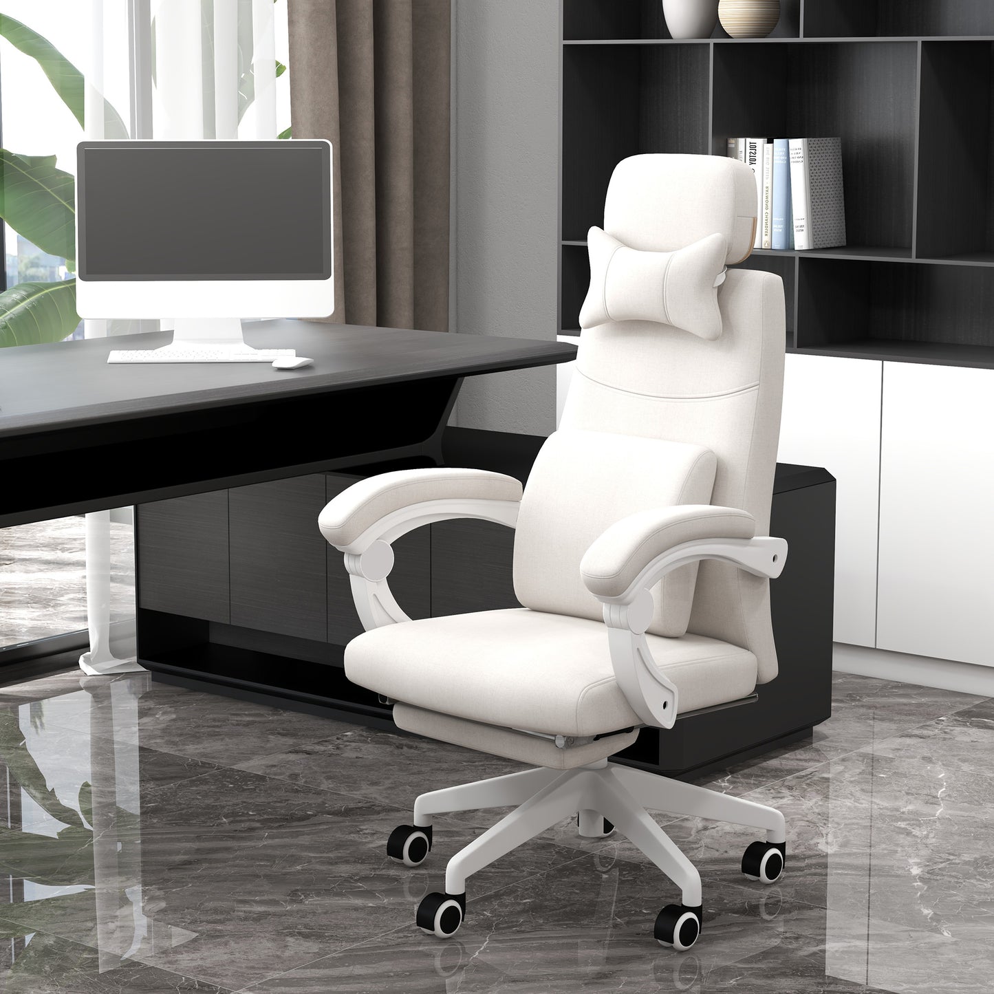Vinsetto High Back Office Chair Reclining Computer Chair with Footrest Lumbar Support Adjustable Height Swivel Wheels White