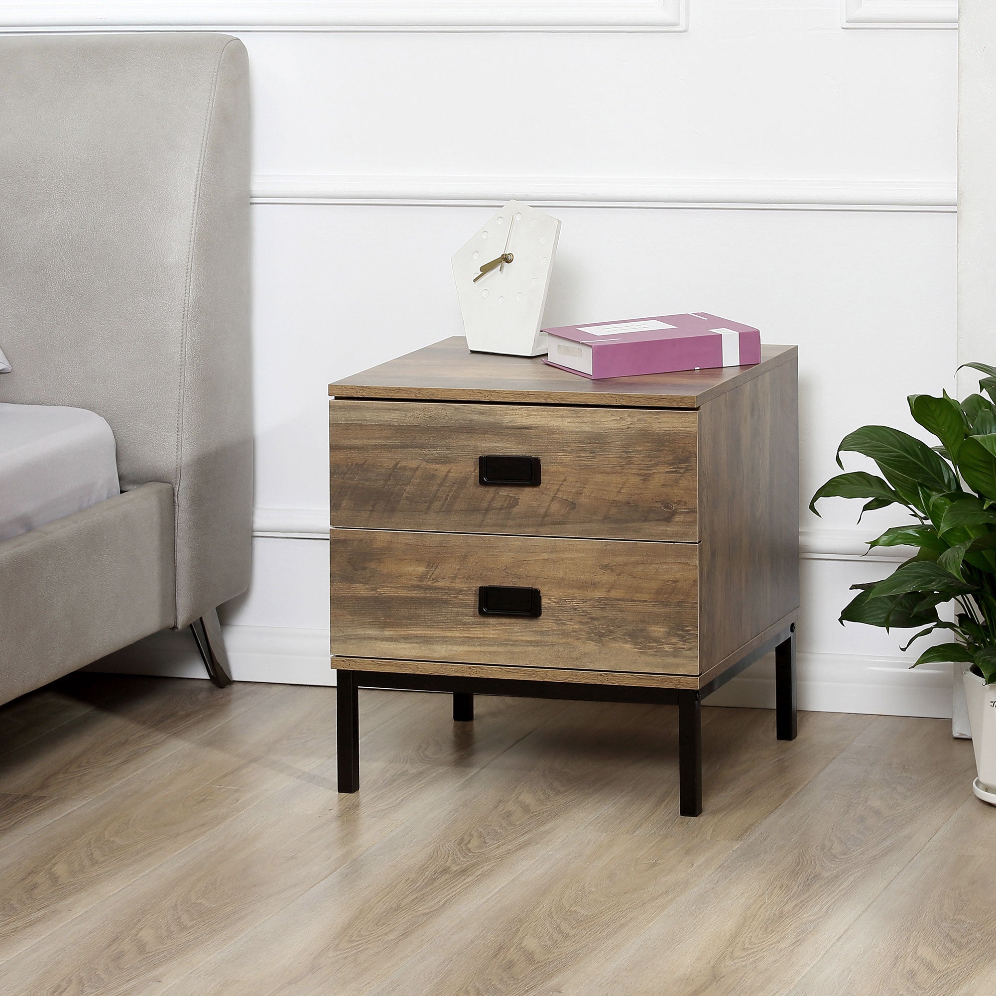 Retro Bedside Table, End Side Table with 2 Drawers, Metal Frame