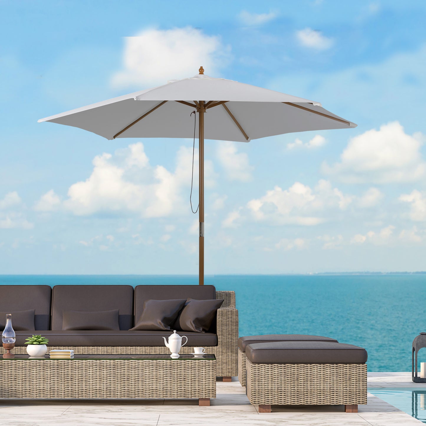 Outsunny 2.5m Patio Umbrella, Wood Garden Parasol, Sun Shade with 6 Ribs and Top Vent for Outdoor, White