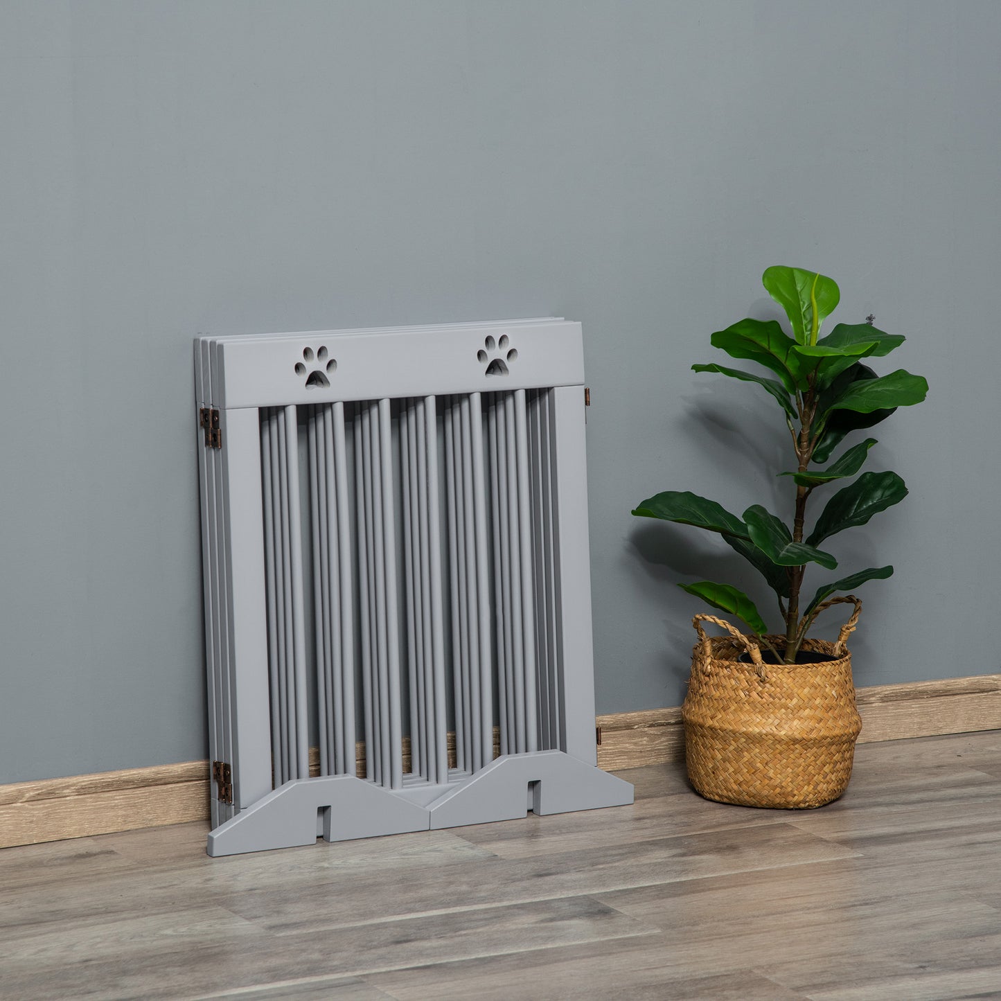 PawHut Freestanding Pet Gate 4 Panel Wooden Dog Barrier Folding Safety Fence with Support Feet up to 204cm Long 61cm Tall for Doorway Stairs Light Grey w/