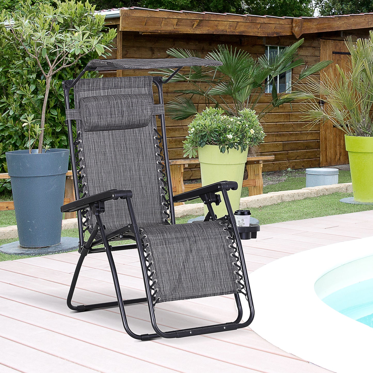 Outsunny Steel Frame Zero Gravity Outdoor Garden Deck Chair w/ Canopy Grey