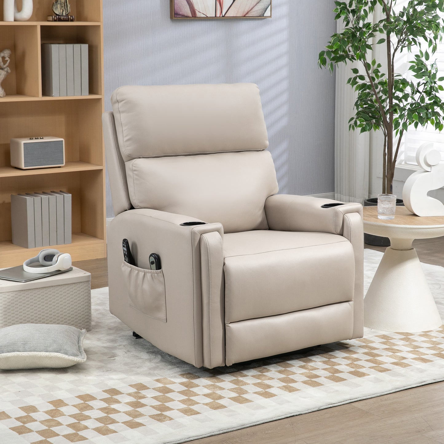 HOMCOM Lift Chair, Electric Riser and Recliner Chair with Vibration Massage, Heat, Cup Holders, Side Pockets, Beige
