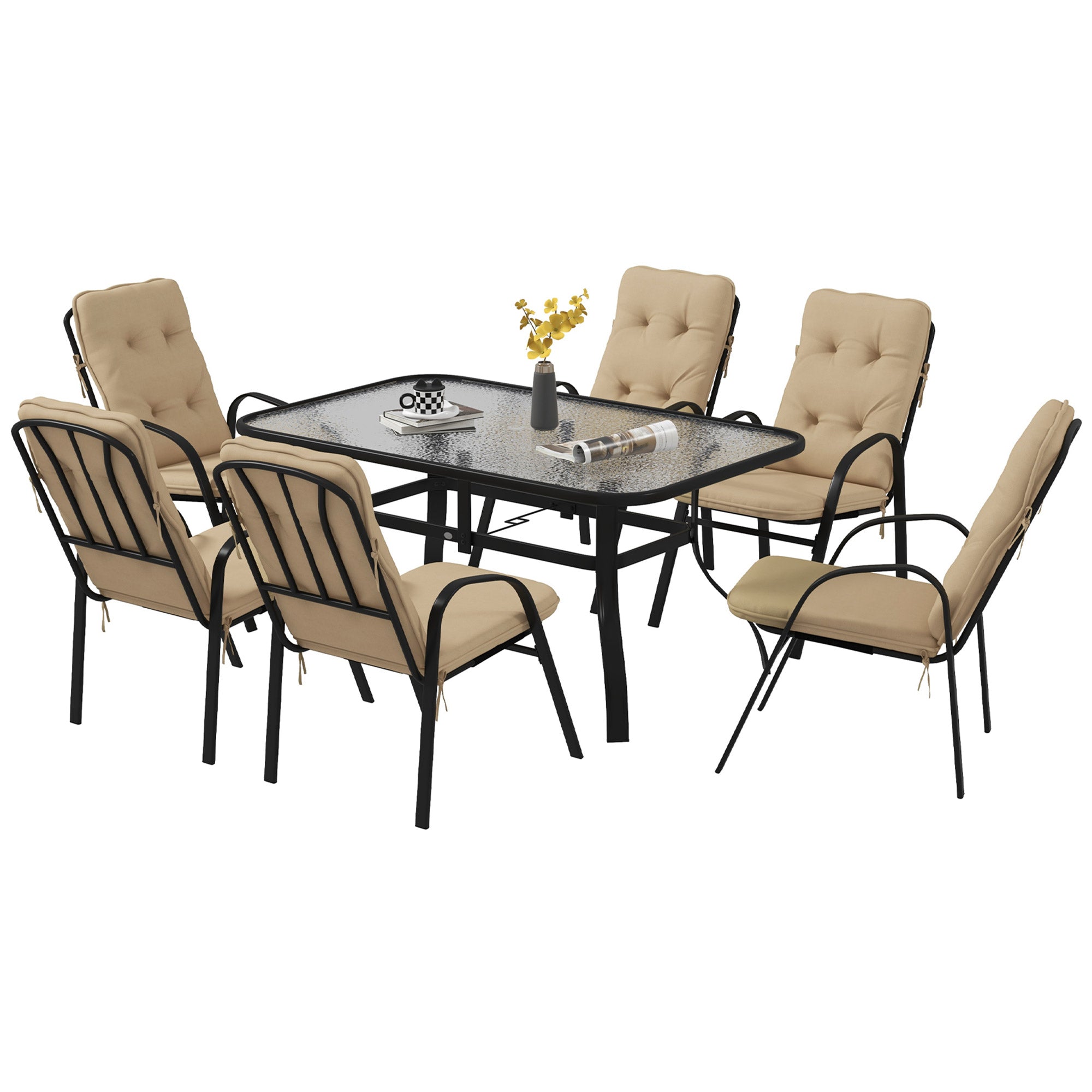 Outsunny 7 Piece Garden Dining Set, Outdoor Dining Table and 6 Cushion ...