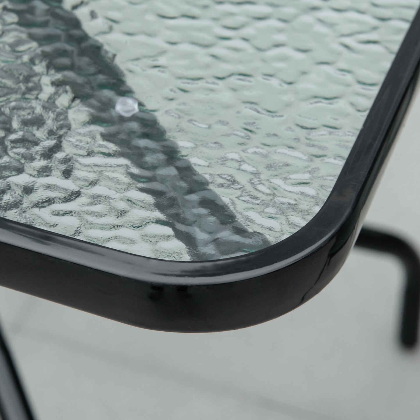 Outsunny Square Patio Table, Tempered Glass Top Bistro Table, Garden Dining Table, Outdoor Accent Coffee Table 76x76cm Steel Frame with Umbrella Hole