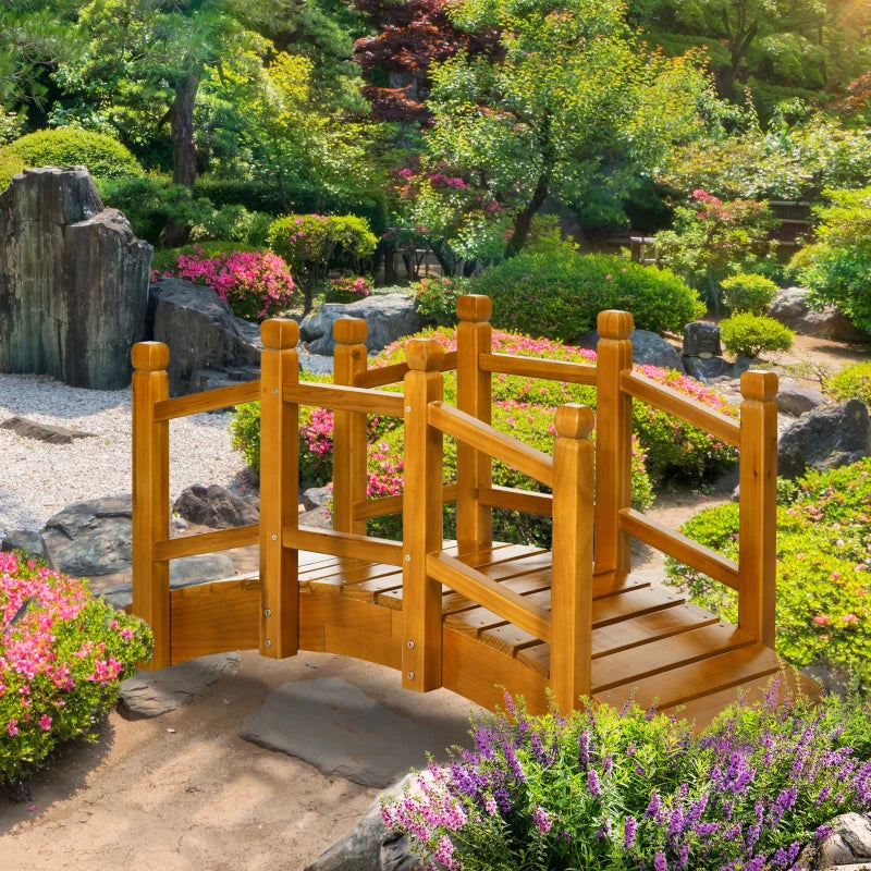 Outsunny Wooden Garden Bridge with Safety Railings, Arc Footbridge for Pond Backyard Stream, Brown