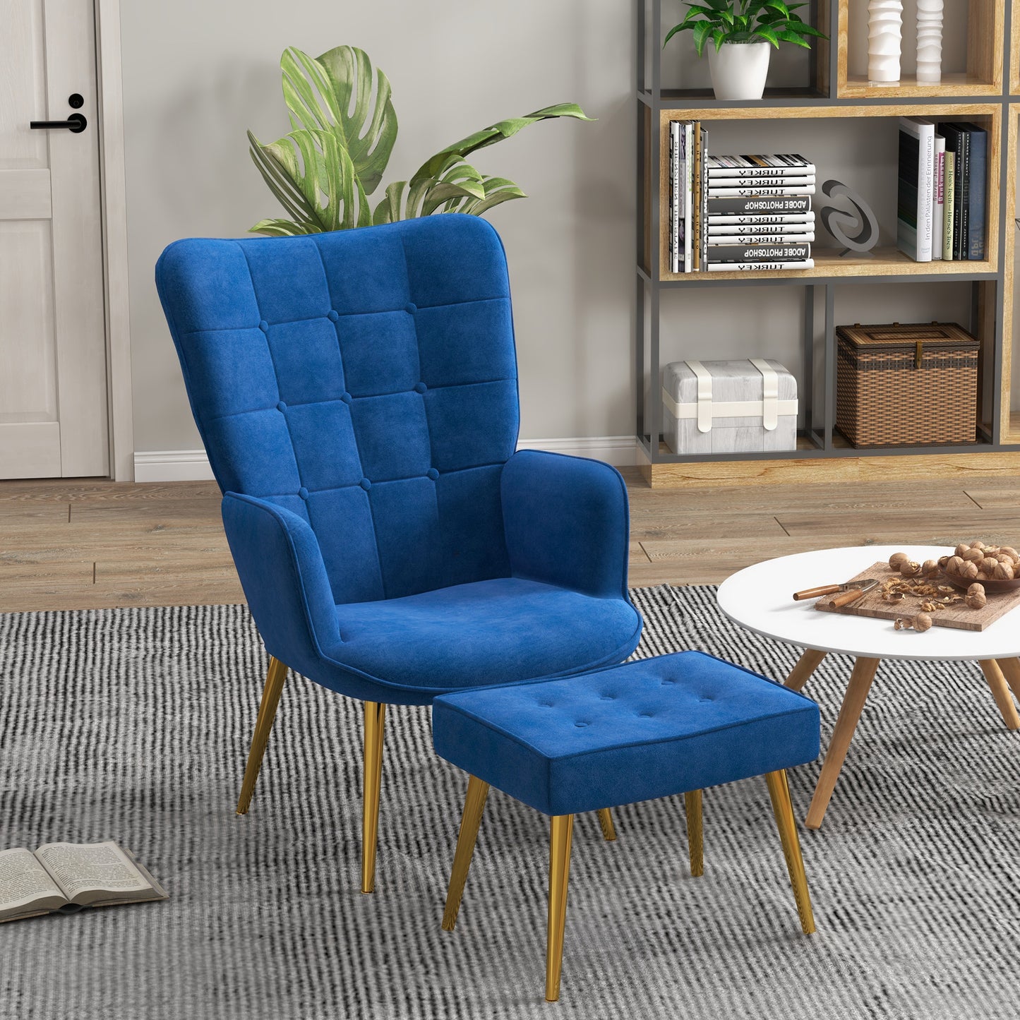 HOMCOM Upholstered Armchair with Footstool Set, Modern Button Tufted Accent Chair with Gold Tone Steel Legs, Wingback Chair for Living Room, Bedroom, Home Study, Dark Blue