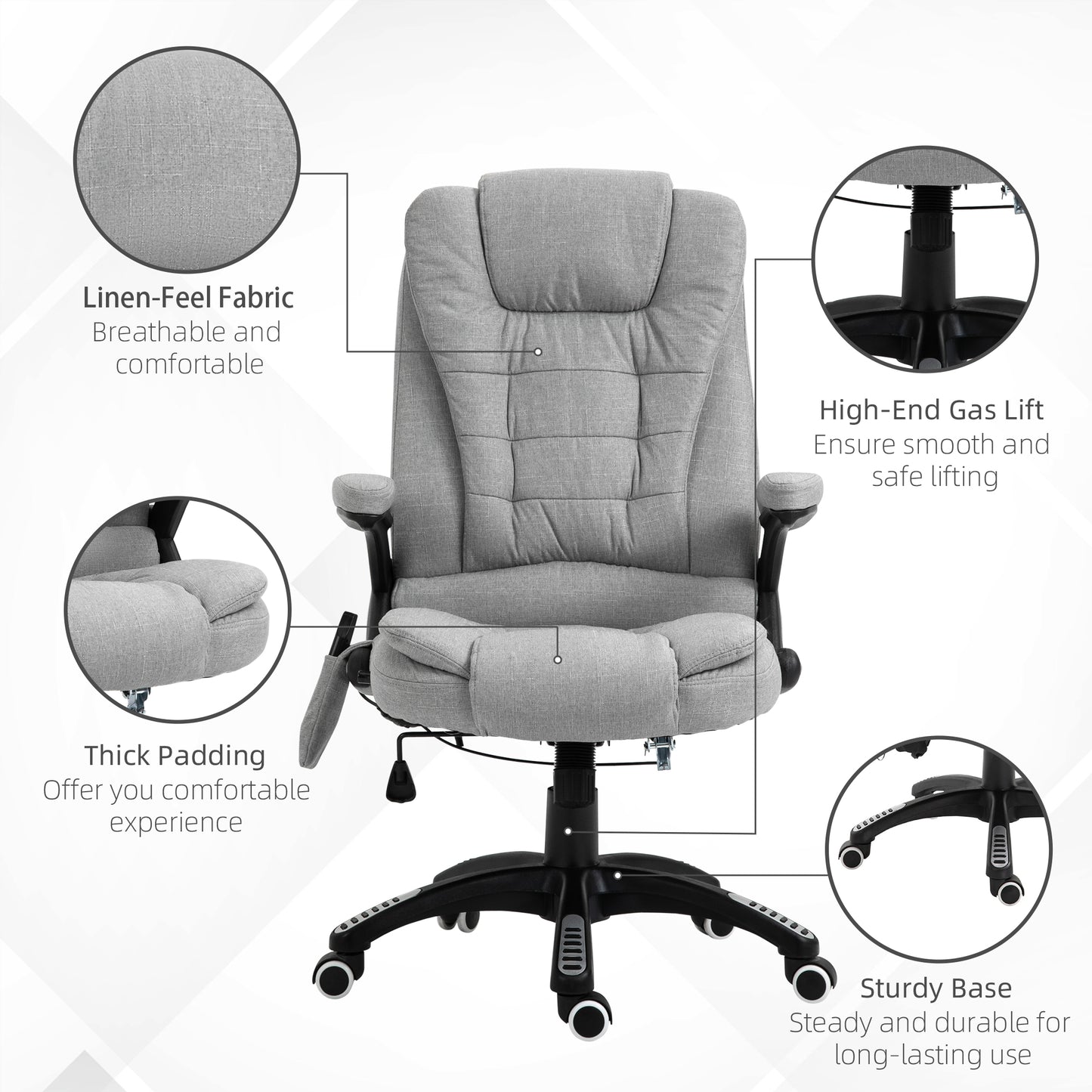Vinsetto Massage Office Chair Recliner Ergonomic Gaming Heated Home Office Padded Linen-Feel Fabric & Swivel Base Light Grey