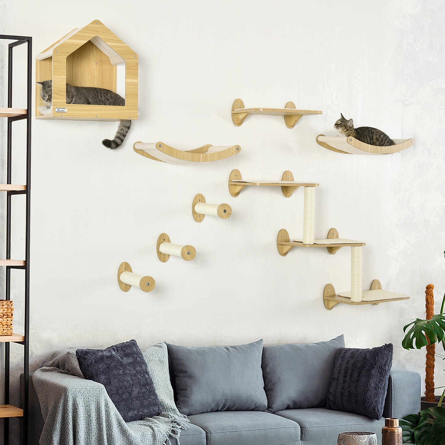 PawHut 8PCs Cat Shelves Set, Cat Wall Furniture with Condo, 3 Perches, 3 Scratching Posts, Steps, Wall Mounted Cat Tree for Indoor Cats, Beige