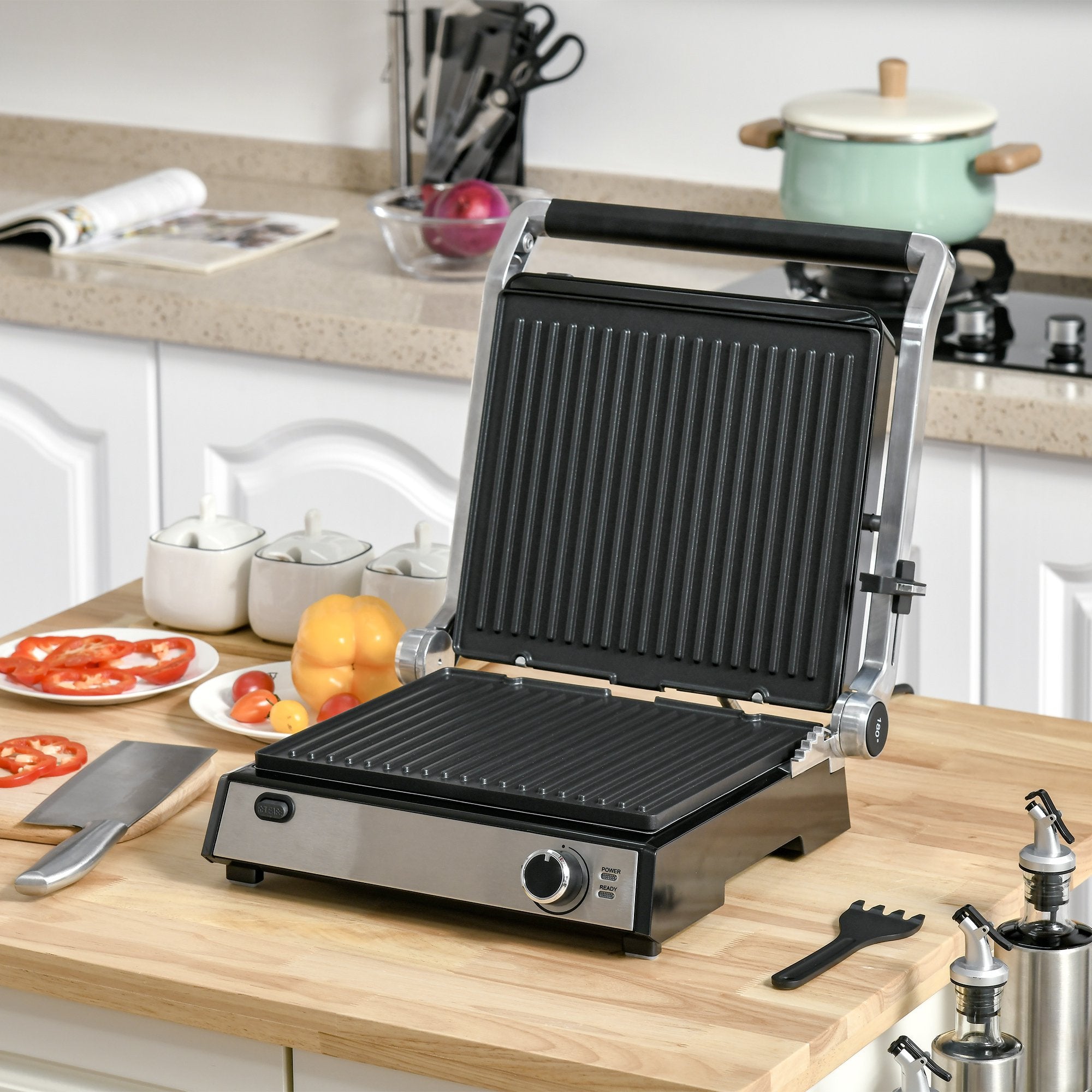 HOMCOM Health Grill with Removable Plates and 180° Flat Open