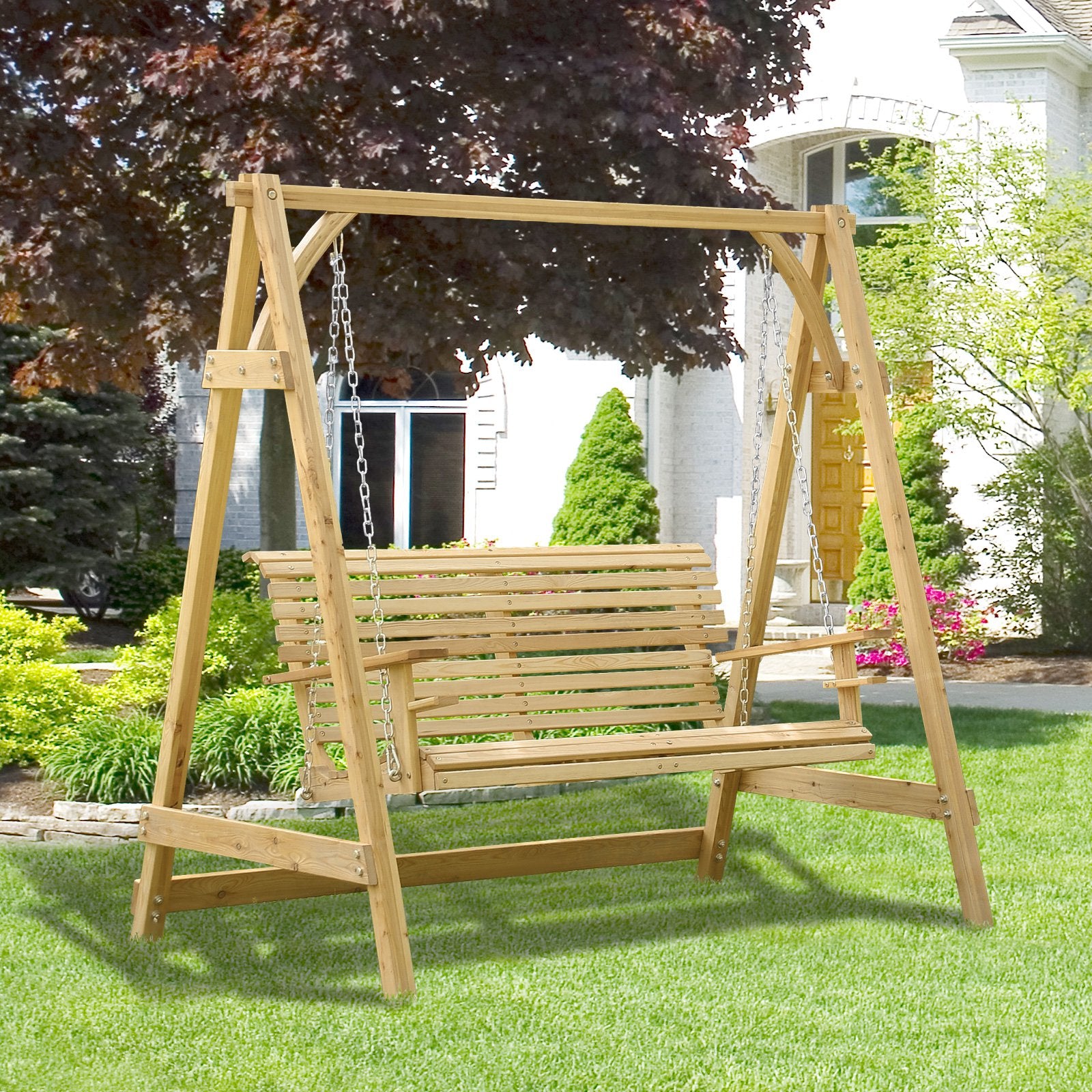 Outsunny 2 Seater Garden Larch Nature Wooden Swing Chair Bench