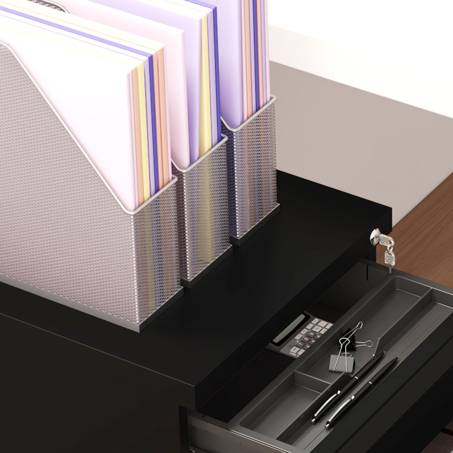 Vinsetto 3-Drawer Mobile Filing Cabinet on Wheels with Pencil Tray, Steel Lockable File Cabinet with Adjustable Hanging Bar for Letter, A4 and Legal Size, Black