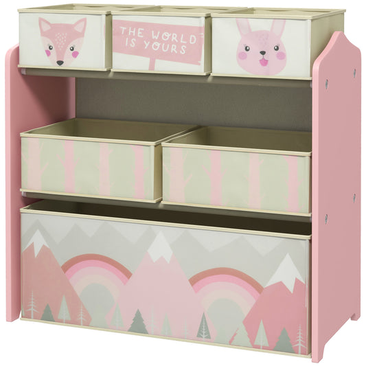 ZONEKIZ Kids Storage Unit Toy Storage Organiser with Six Fabric Bins for Bedrooms Playrooms Nurseries Pink