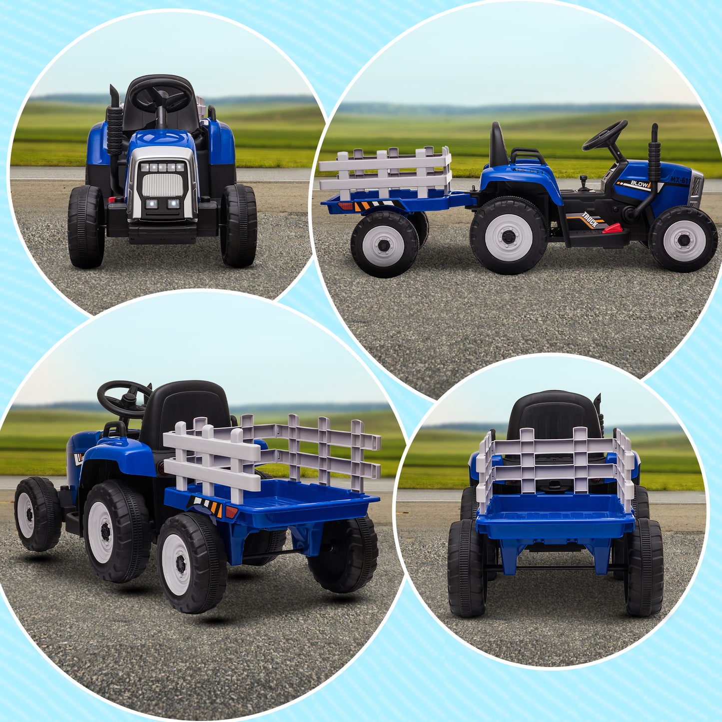 HOMCOM Electric Ride on Tractor with Detachable Trailer, 12V Kids Battery Powered Electric Car with Remote Control, Music Start up Sound and Horn, Lights, for Ages 3-6 Years - Blue