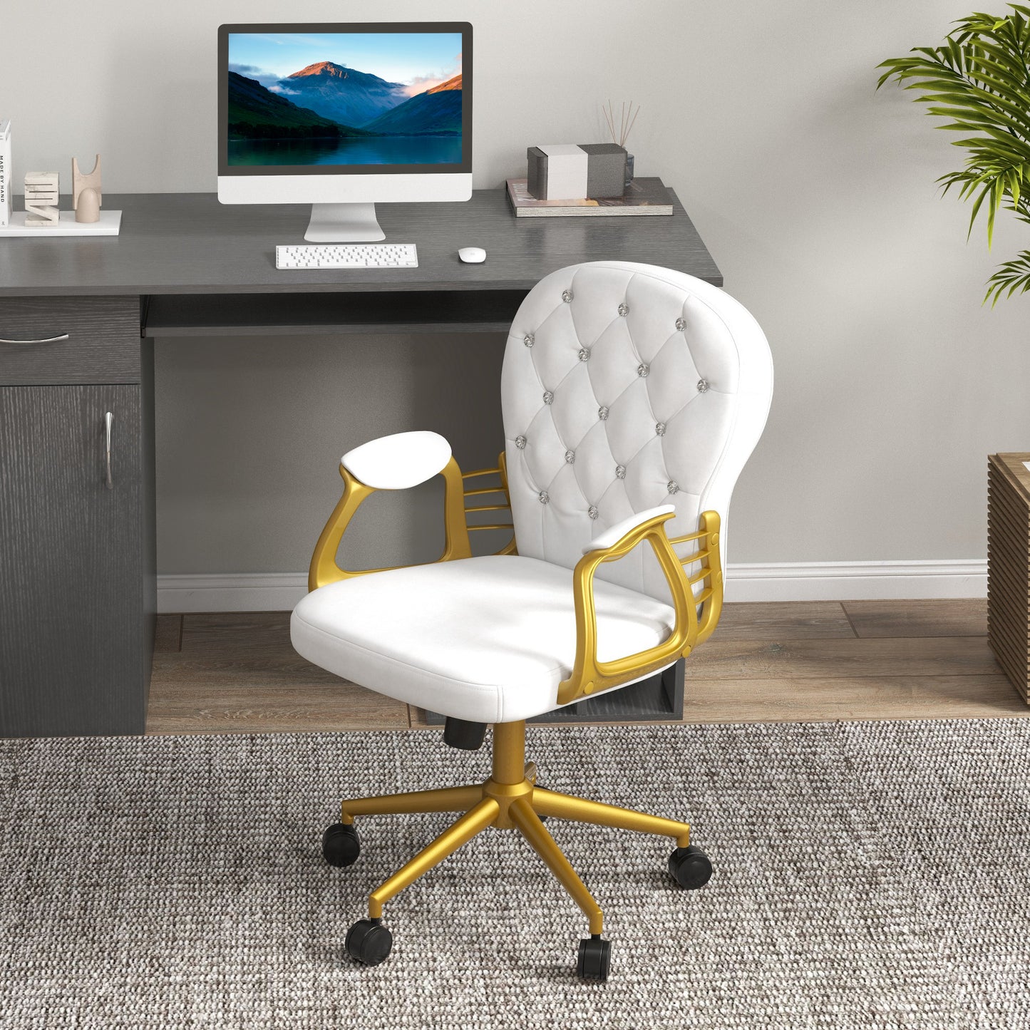 Vinsetto Height Adjustable Home Office Chair Button Tufted Computer Chair with Padded Armrests and Tilt Function Cream White
