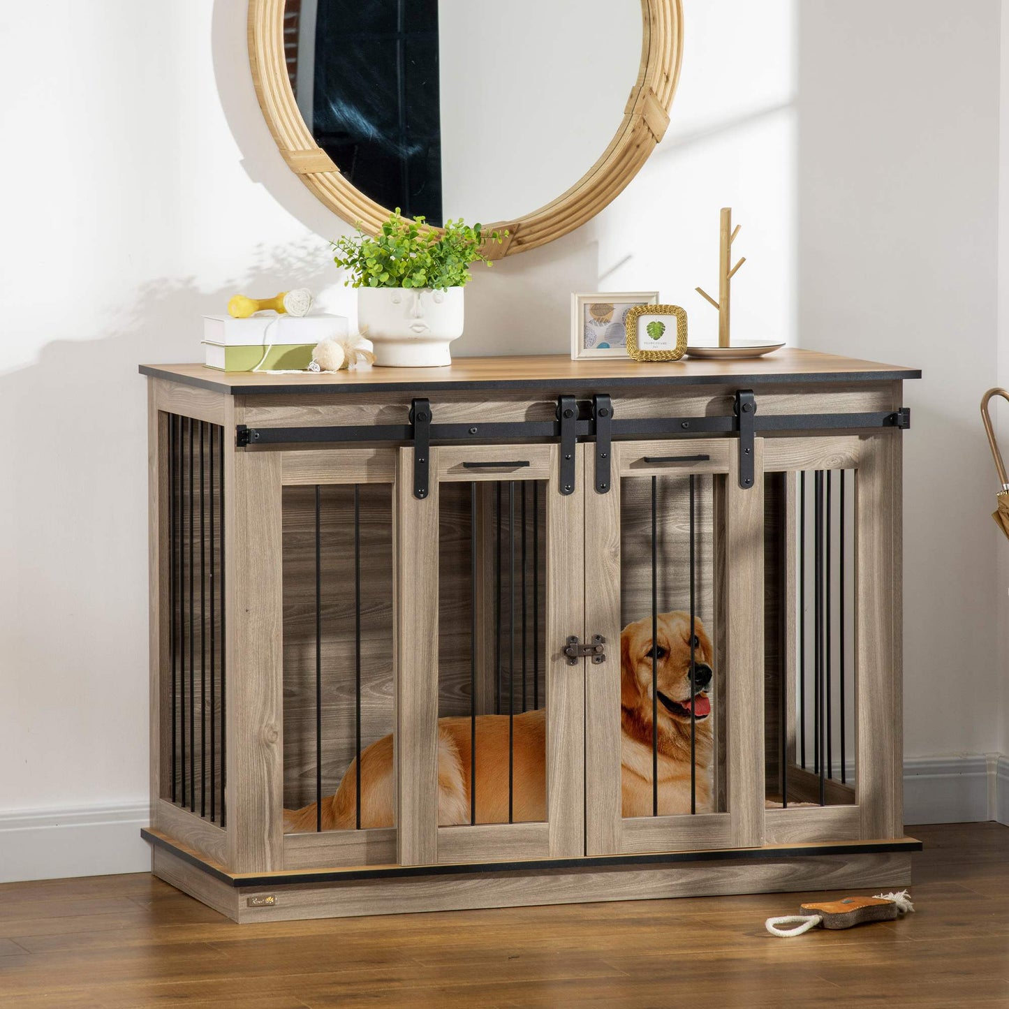 PawHut Dog Crate Furniture for Large Dogs Double Dog Cage for Small Dogs with Sliding Doors Oak Tone