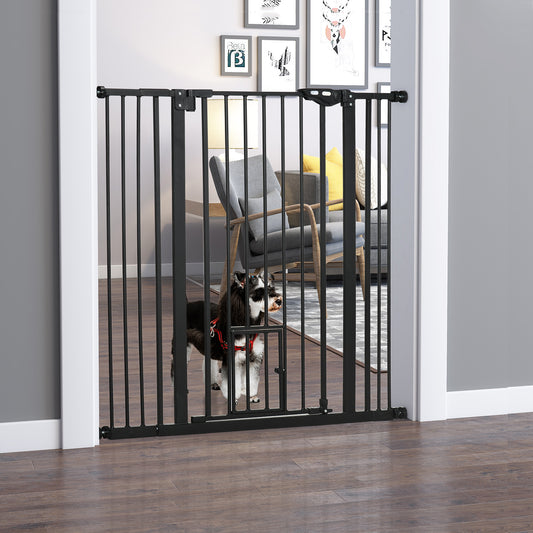 PawHut Extra Tall Pet Gate, Indoor Dog Safety Gate, with Cat Flap, Auto Close, 74-101cm Wide, Black